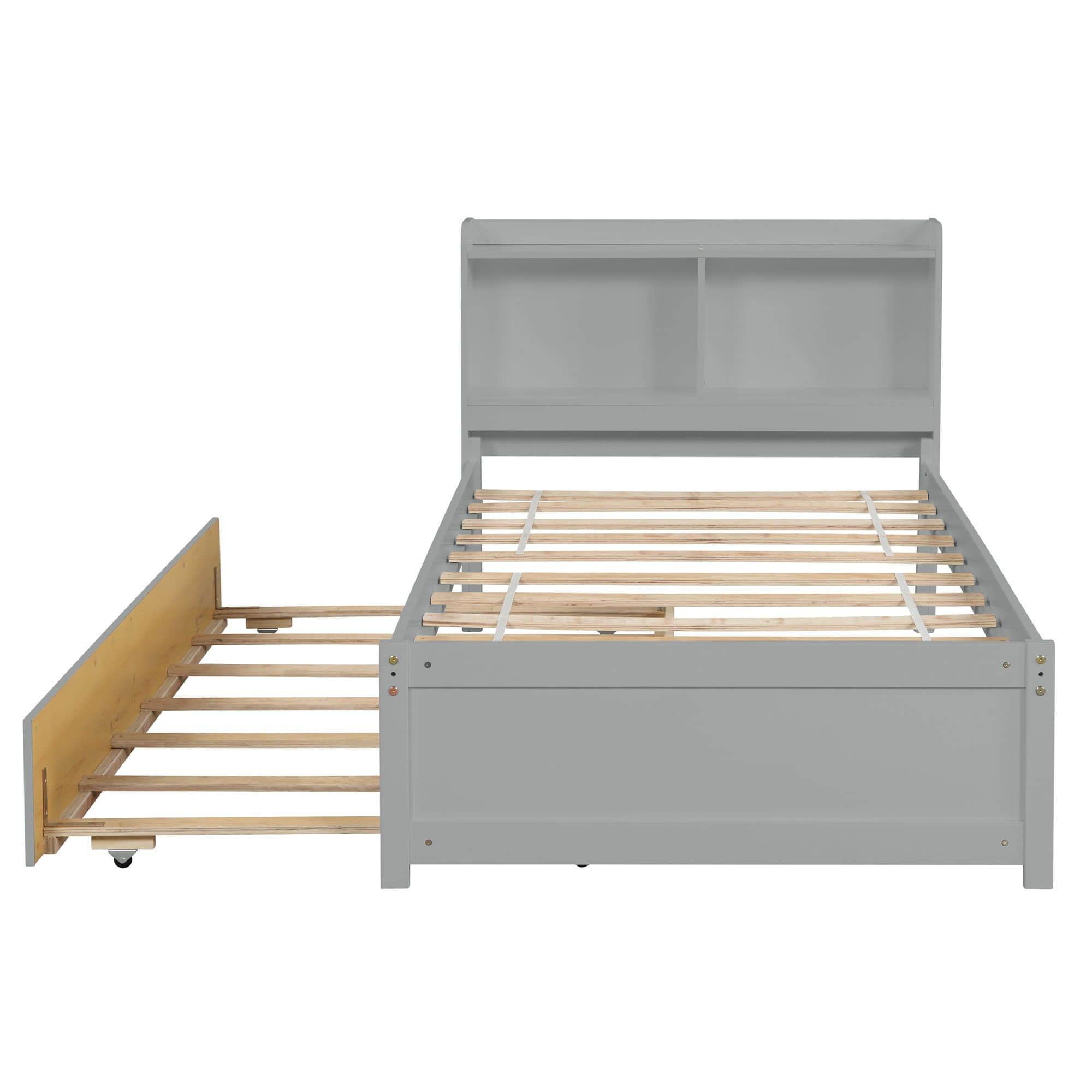 Wooden Twin Platform Bed with Twin Trundle Bed and Storage Headboard - [Shelves]