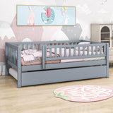 Wooden Twin Low Kids Bed with Twin Size Trundle and Rails