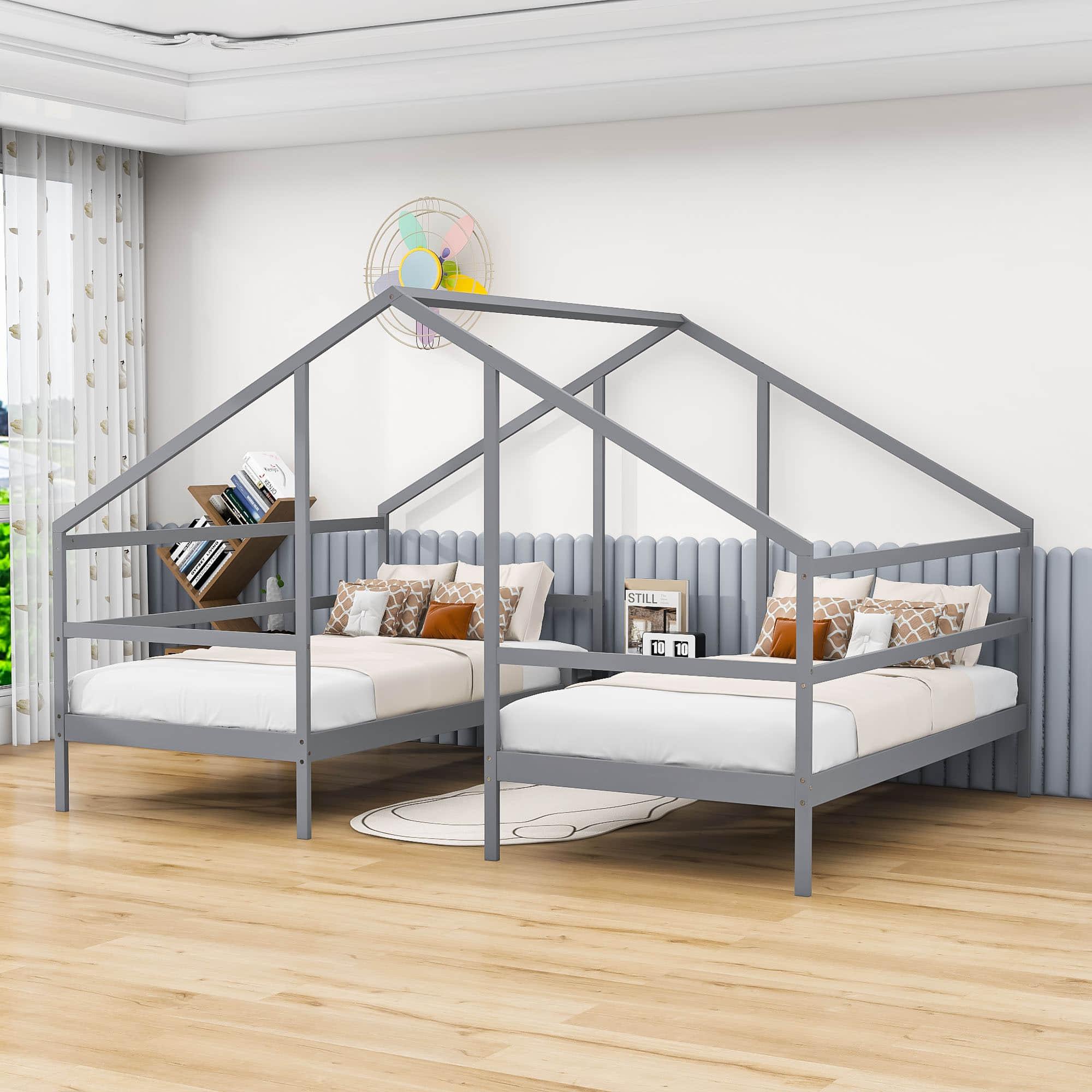 Wooden Double Twin House Beds with Built-in Table