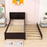 Wooden Twin Platform Bed with Twin Trundle Bed and Storage Headboard - [Shelves]