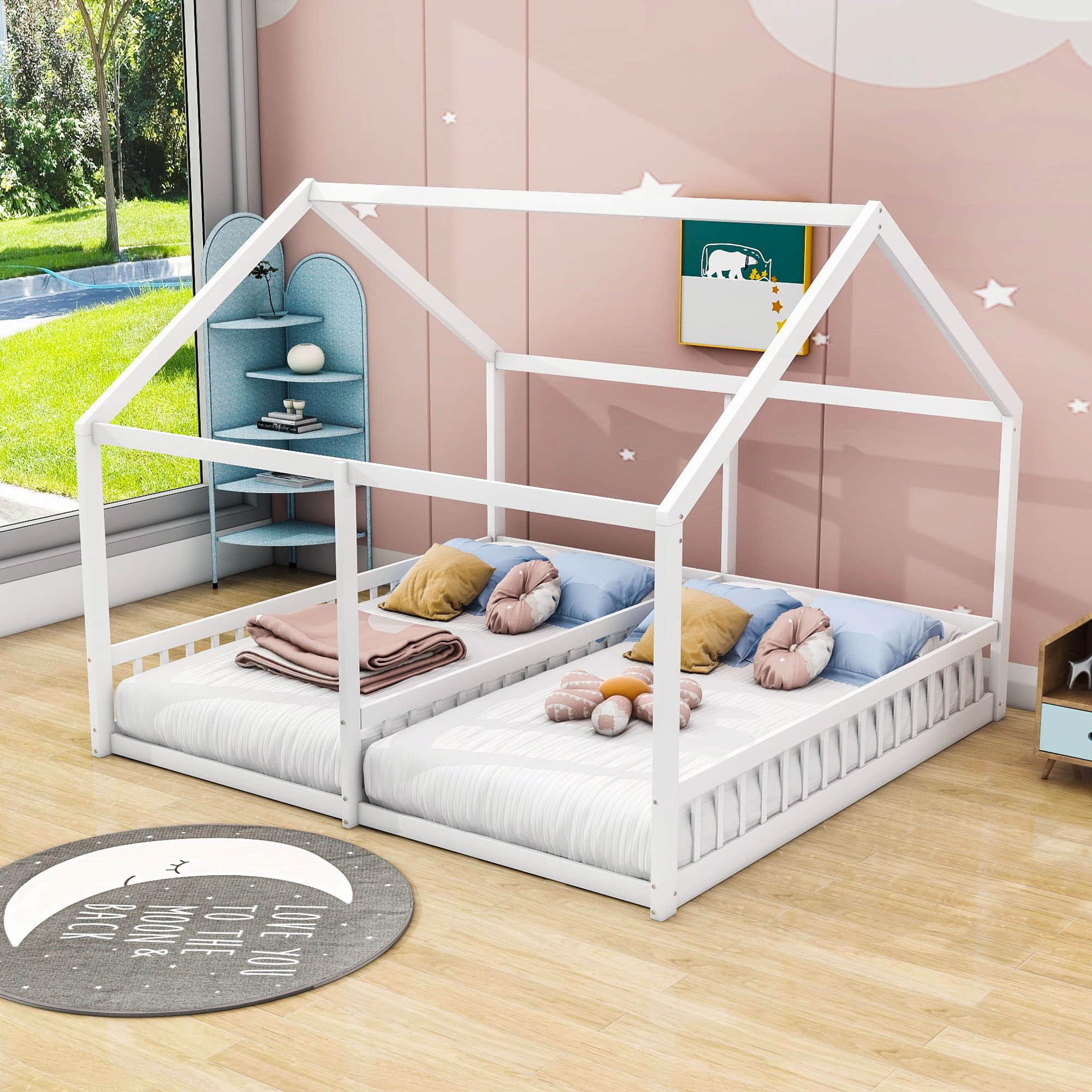 Montessori Double Twin House Floor Bed with Rails for Kids, Toddler