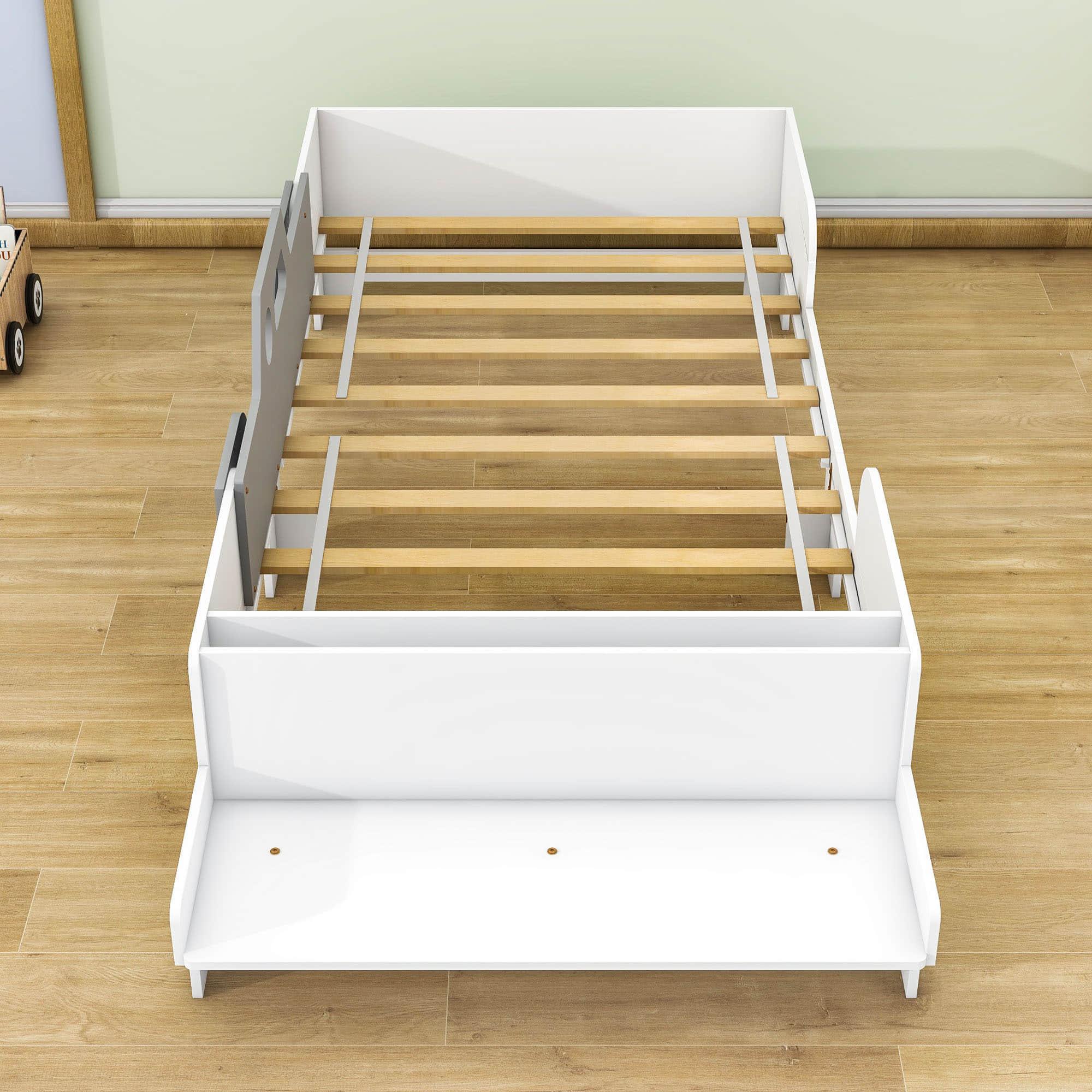 Wood Twin Size Toddler Car Bed with Bench