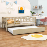 Wooden Twin Low Kids Bed with Twin Size Trundle and Rails