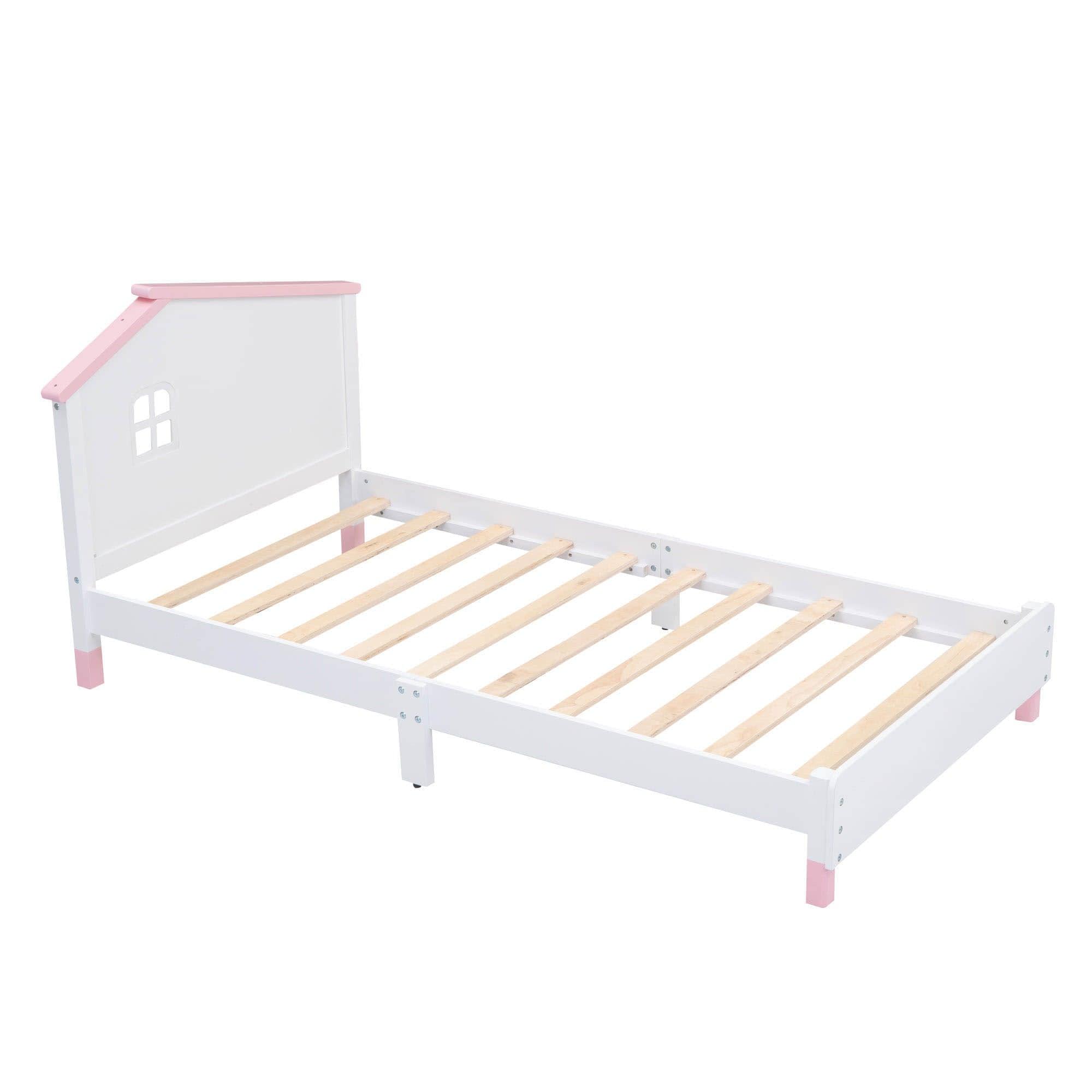 Twin Wood Girls Platform Bed with House-Shaped Headboard