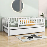 Wooden Twin Low Kids Bed with Twin Size Trundle and Rails