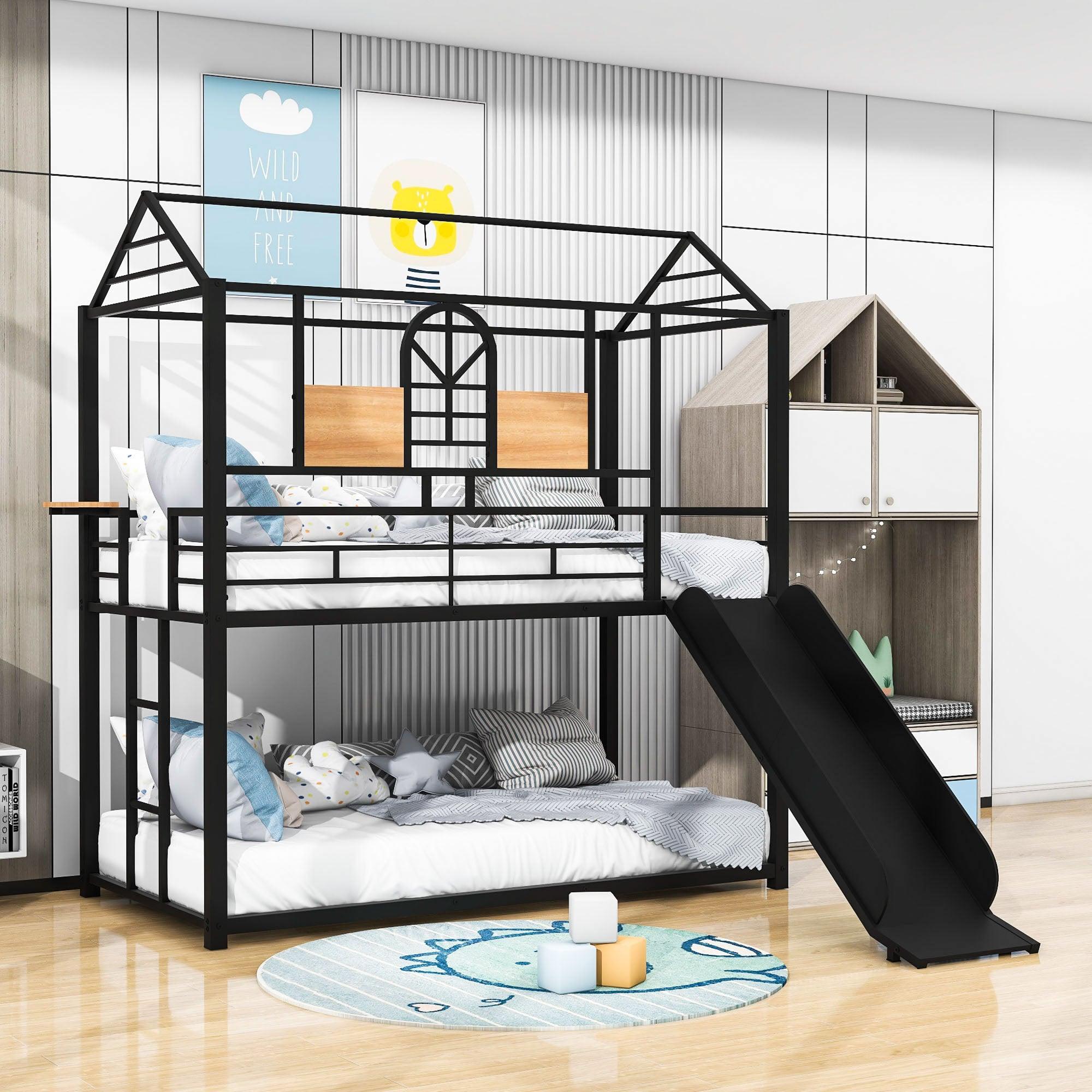 Low House Twin Over Twin Bunk Beds with Slide for Kids Toddler - [Metal]