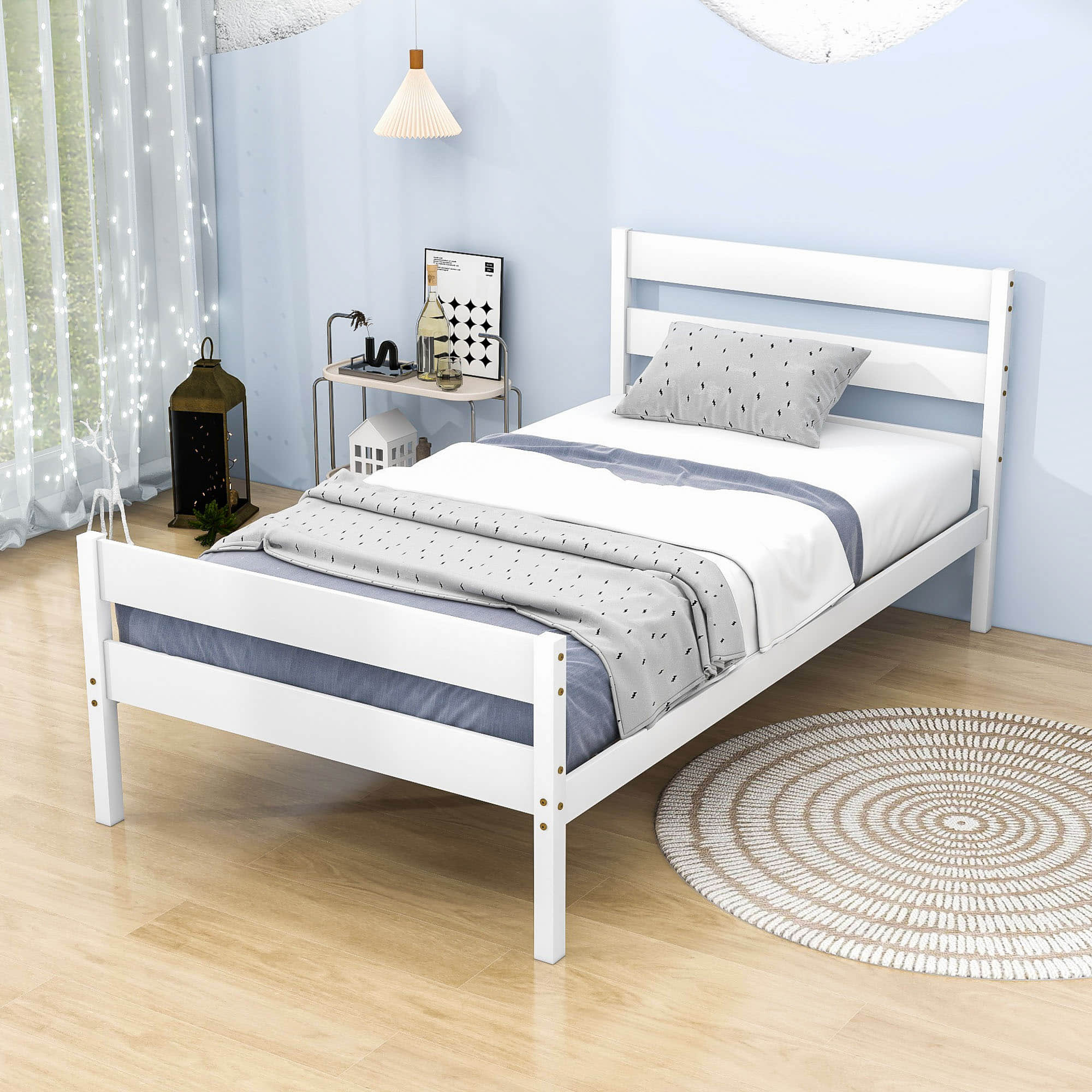 Wooden Twin Bed Frame with Slat Headboard and Footboard