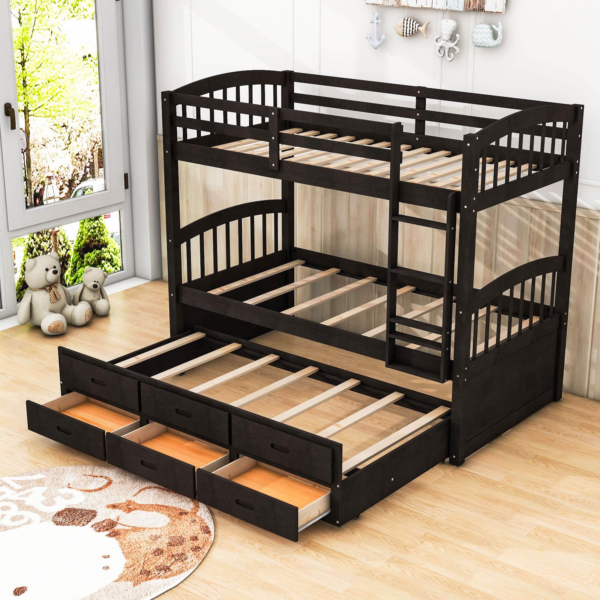 Twin Over Twin Convertible Bunk Beds with Trundle and Storage - [Wooden]