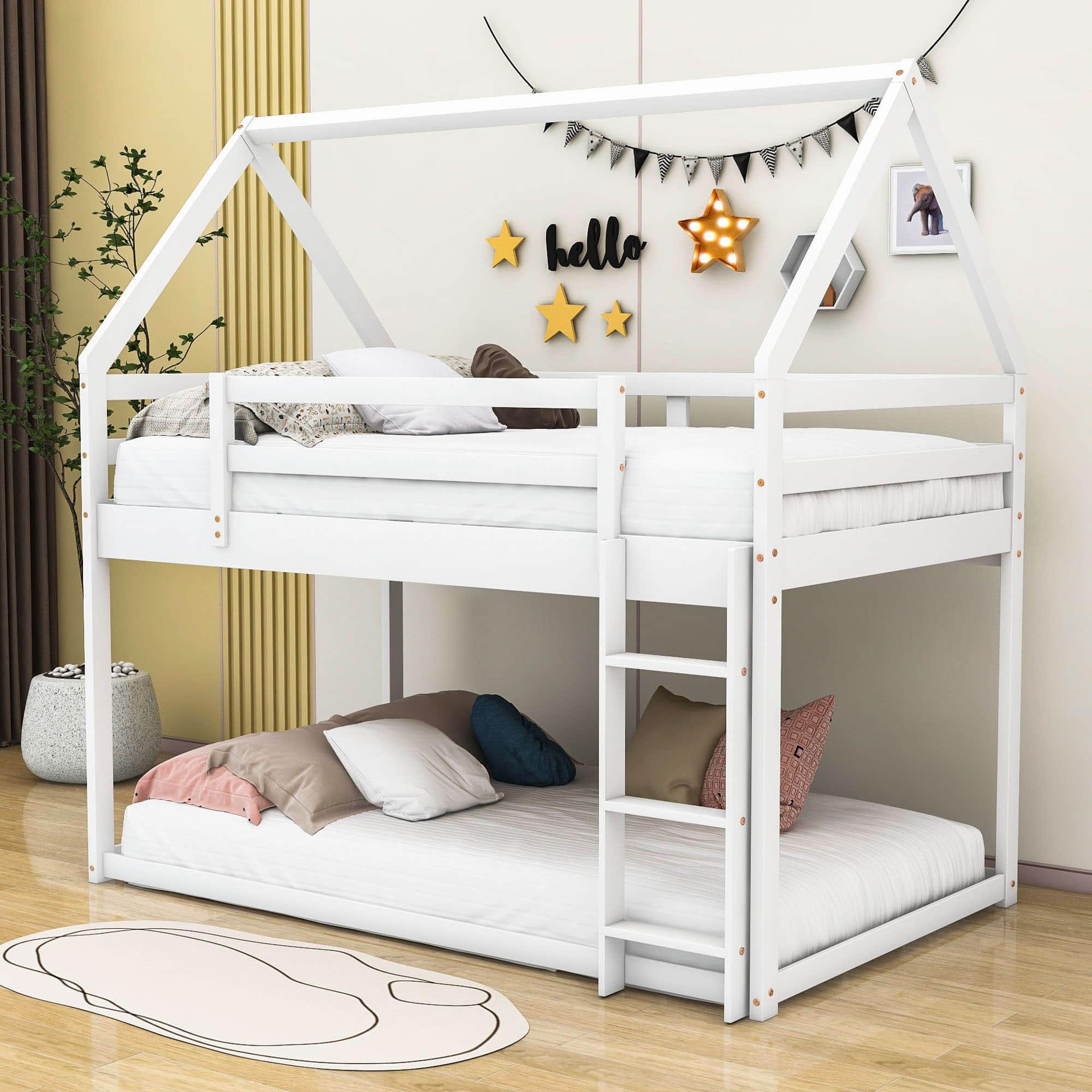 Montessori Wood House Twin over Twin Loft Bunk Bed for Kids, Toddler - [Low]