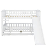 Twin Over Twin Low Bunk Beds with Slide and Fence - [Interchangeable Ladder, Floor]