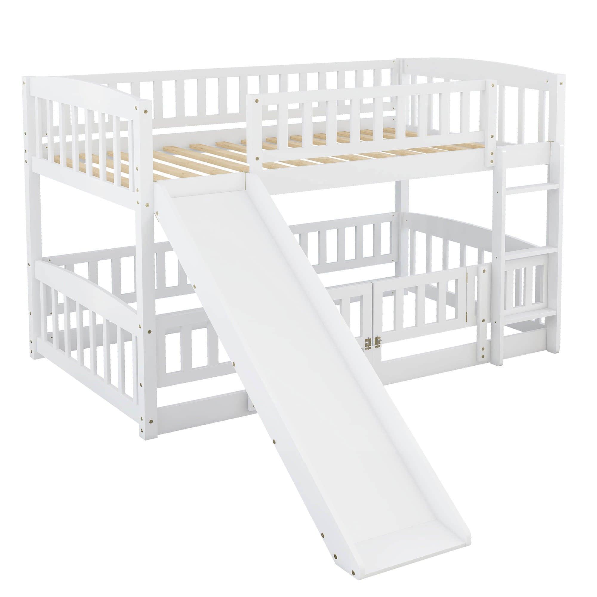 Twin Over Twin Low Bunk Beds with Slide and Fence - [Interchangeable Ladder, Floor]