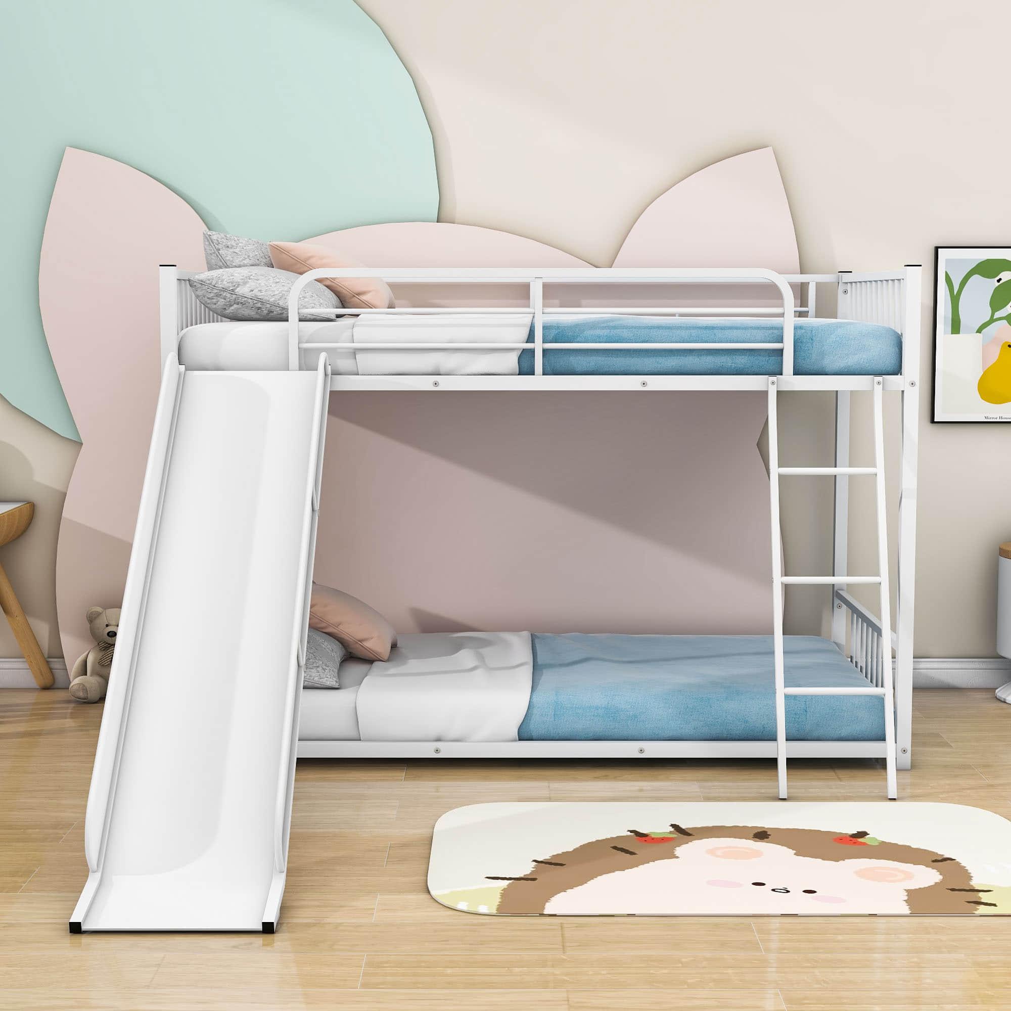 Low Twin Over Twin Bunk Beds with Slide for Kids, Toddler - [Metal]