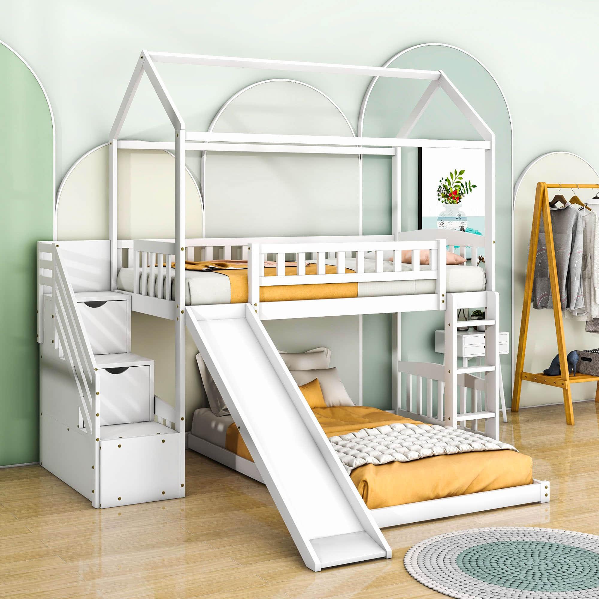 Floor Twin Bunk Beds for Toddlers Kids with Stairs and Slide - [Wood]