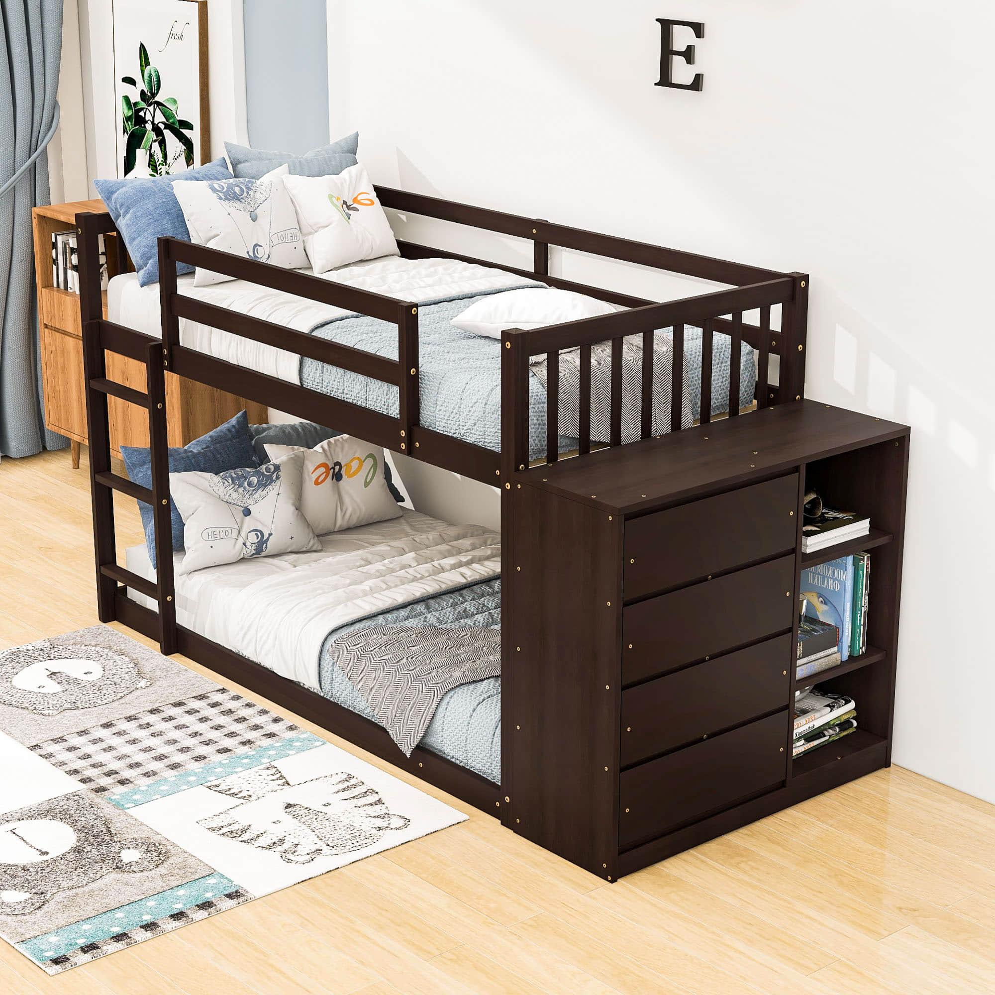 Low Twin Over Twin Bunk Beds with Detachable Storage Dresser - [Drawers, Shelves]