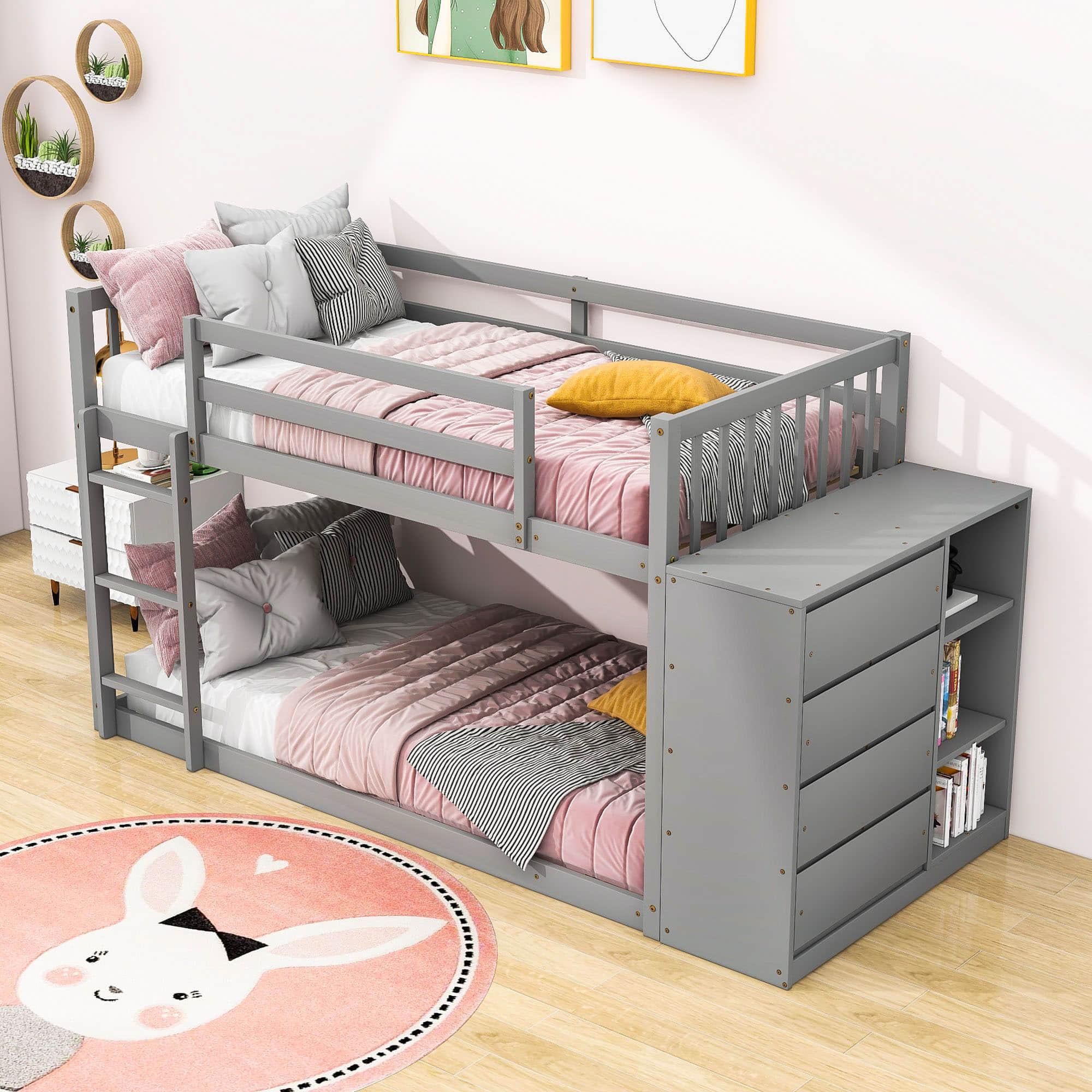 Low Twin Over Twin Bunk Beds with Detachable Storage Dresser - [Drawers, Shelves]