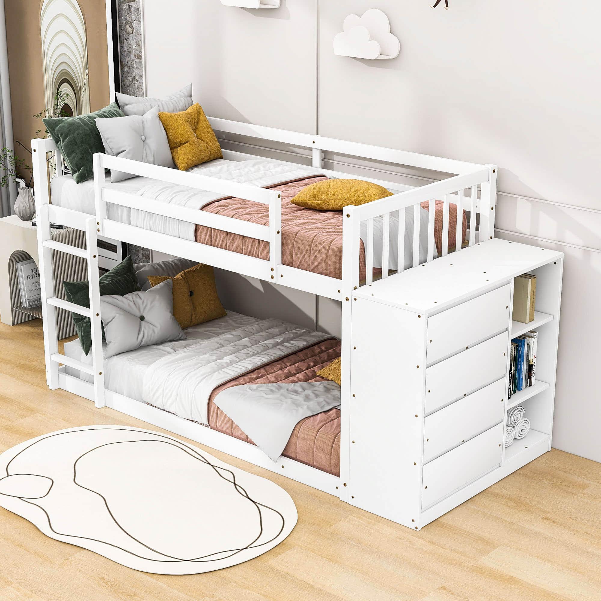 Low Twin Over Twin Bunk Beds with Detachable Storage Dresser - [Drawers, Shelves]