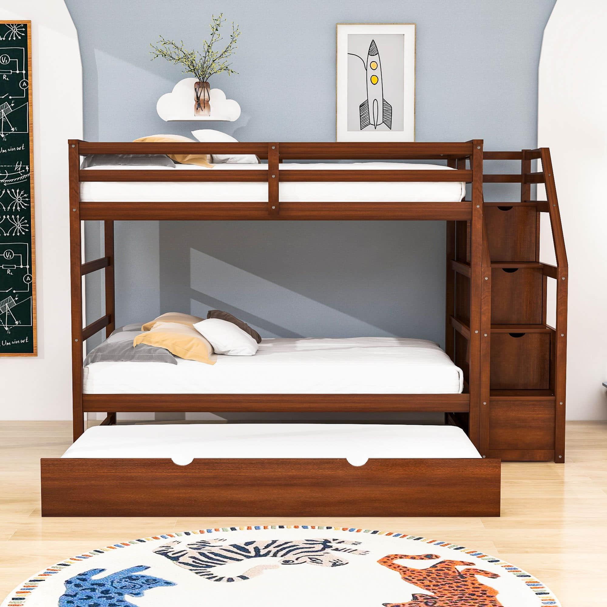 Low Twin Over Twin Bunk Beds for Kids with Storage Stairs and Trundle