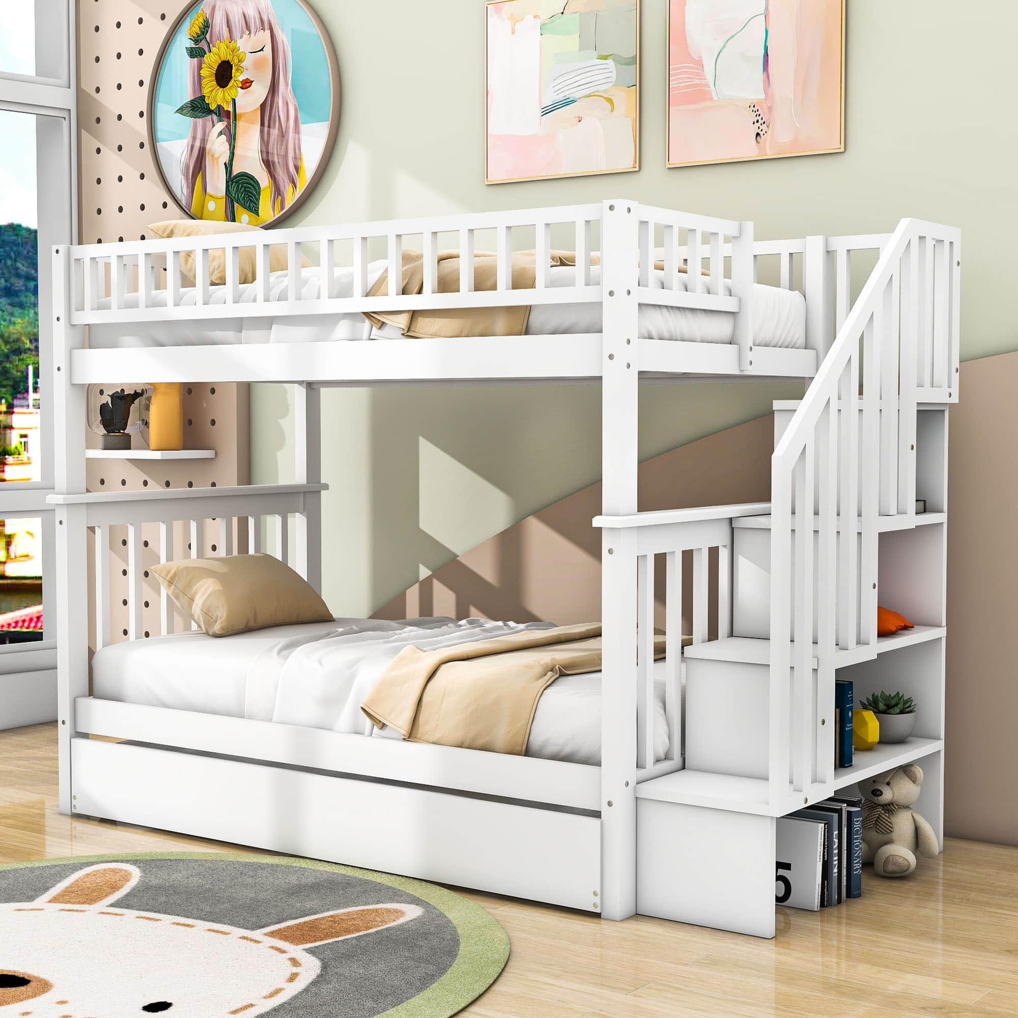 Convertible Twin Over Twin Bunk Bed with Stairs and Storage, Trundle