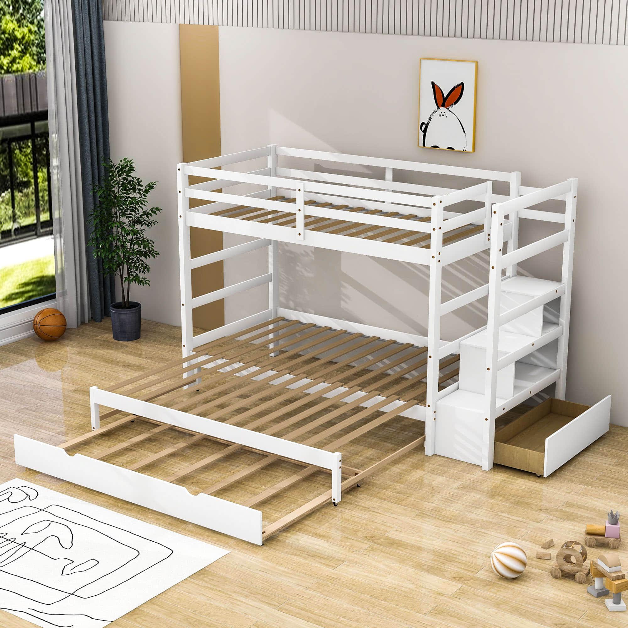 Twin Over Twin/King Convertible Bunk Beds with Stairs and Trundle