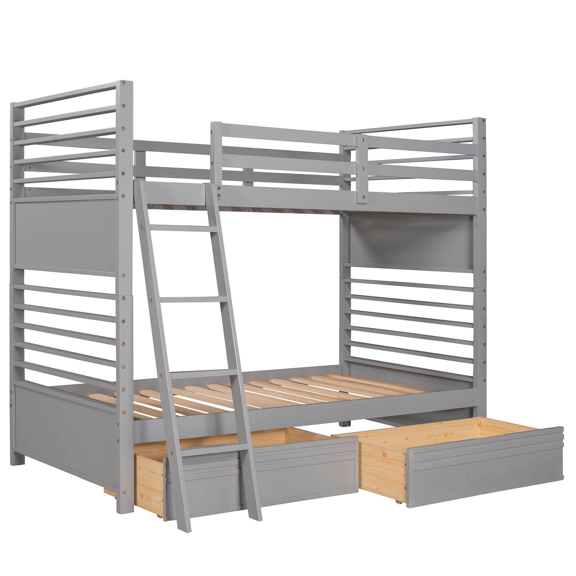 Convertible Twin Over Twin Wooden Bunk Beds with Storage Drawers