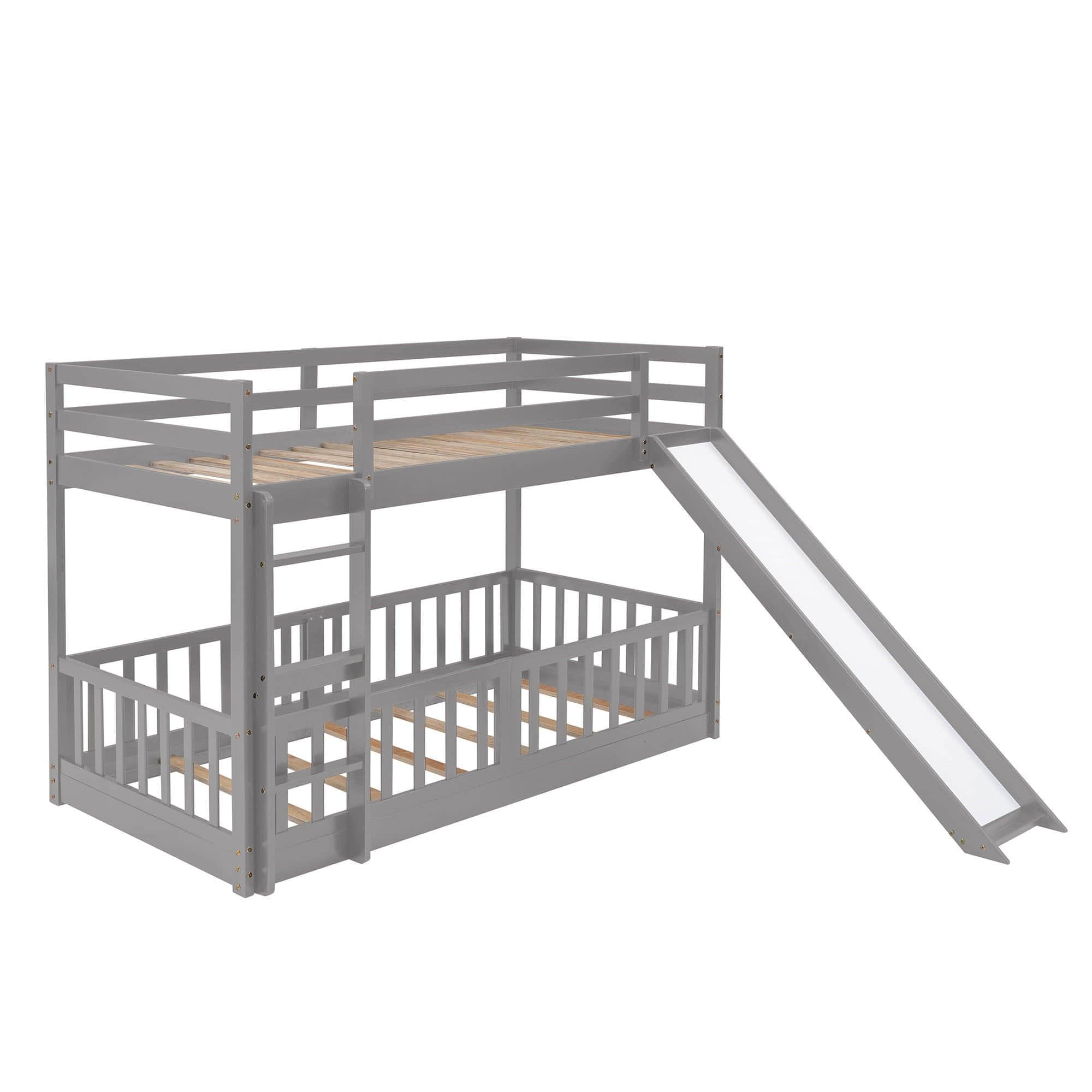 Wooden Twin Over Twin Low Bunk Beds with Slide for Kids, Toddler - [Floor]