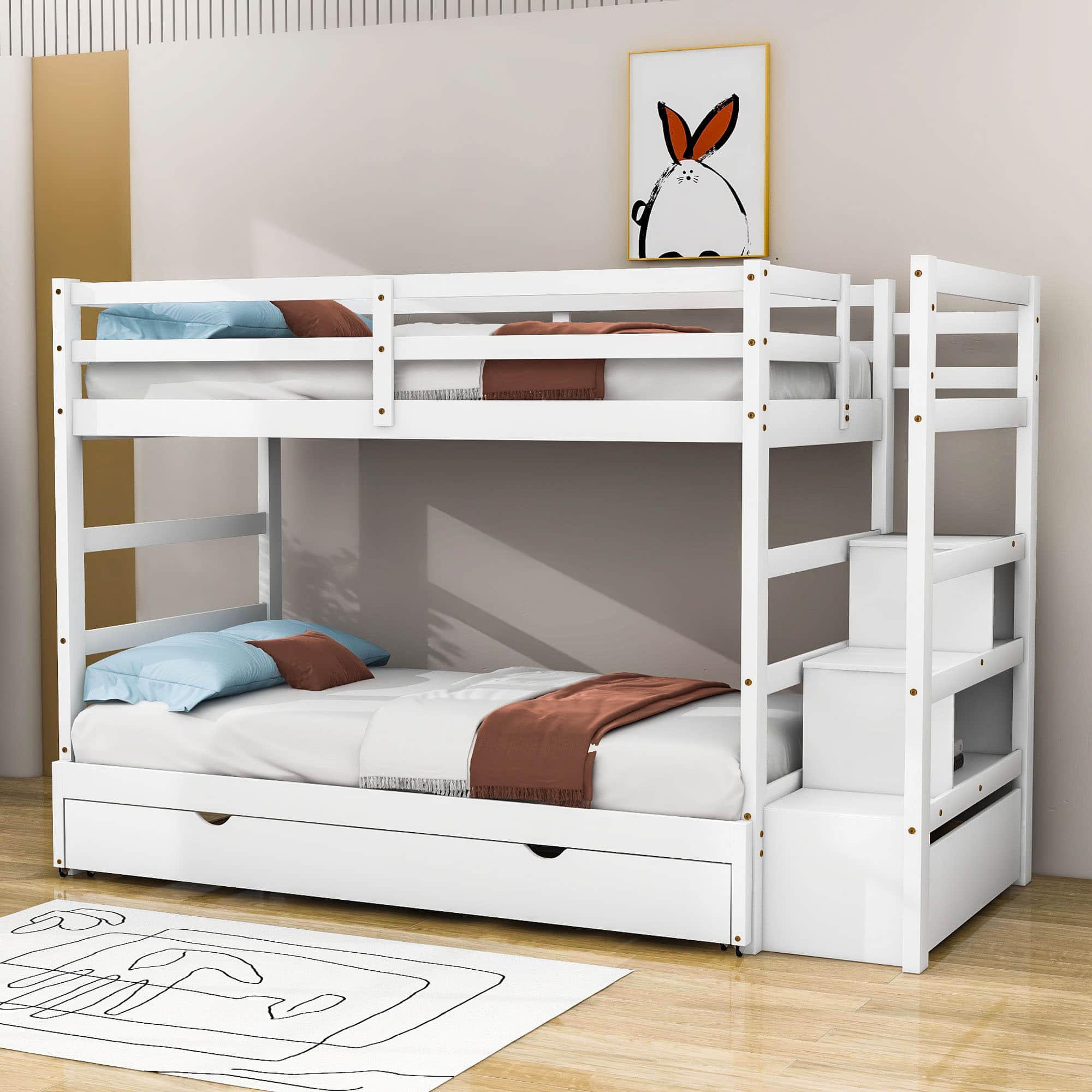 Twin Over Twin/King Convertible Bunk Beds with Stairs and Trundle