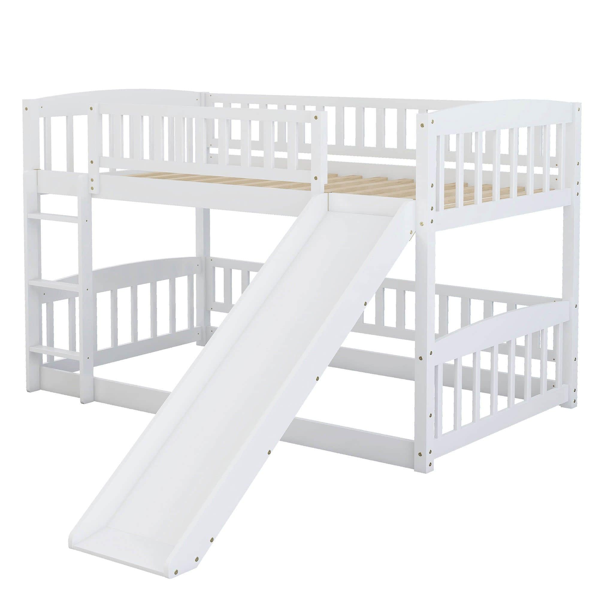 Twin Over Twin Low Bunk Beds with Slide and Fence - [Interchangeable Ladder, Floor]