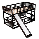 Twin Over Twin Low Bunk Beds with Slide and Fence - [Interchangeable Ladder, Floor]