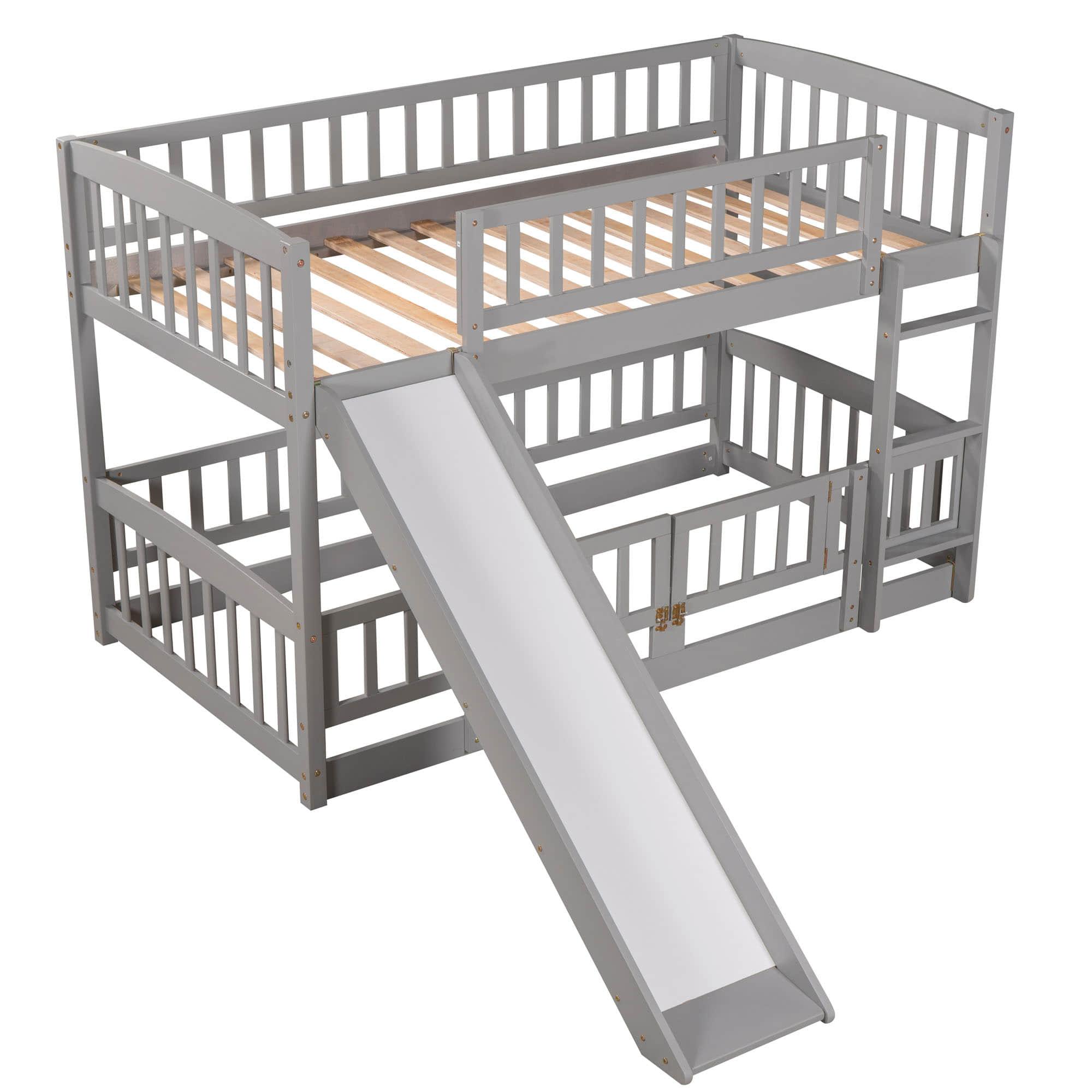 Twin Over Twin Low Bunk Beds with Slide and Fence - [Interchangeable Ladder, Floor]