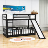 Wooden Twin Over Twin Low Bunk Beds with Slide for Kids, Toddler - [Floor]