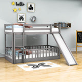 Wooden Twin Over Twin Low Bunk Beds with Slide for Kids, Toddler - [Floor]