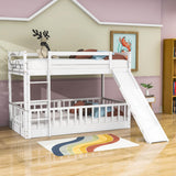 Wooden Twin Over Twin Low Bunk Beds with Slide for Kids, Toddler - [Floor]