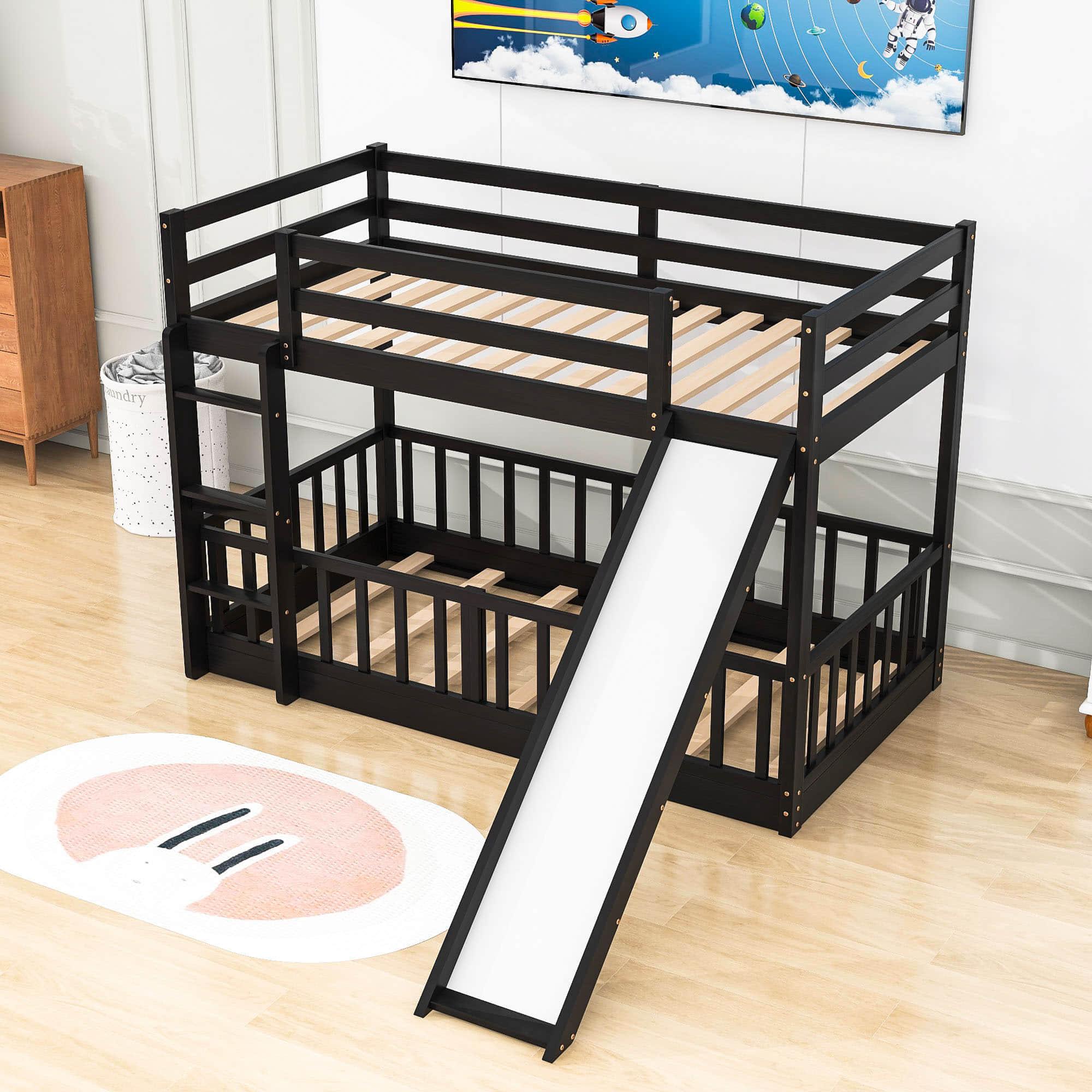 Wooden Twin Over Twin Low Bunk Beds with Slide for Kids, Toddler - [Floor]