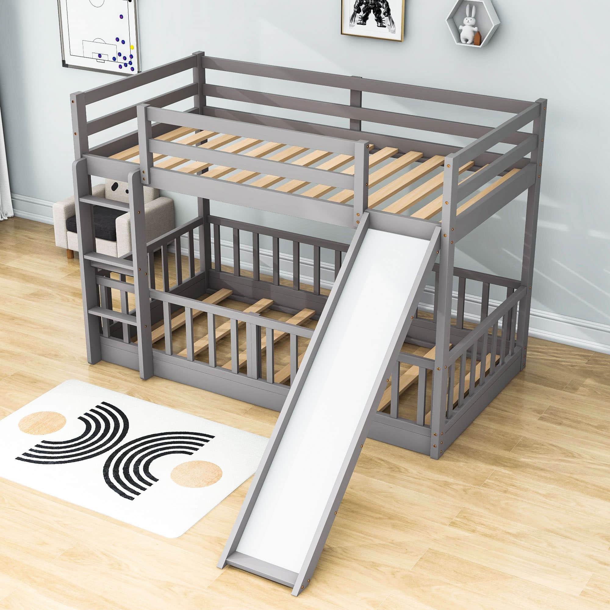 Wooden Twin Over Twin Low Bunk Beds with Slide for Kids, Toddler - [Floor]