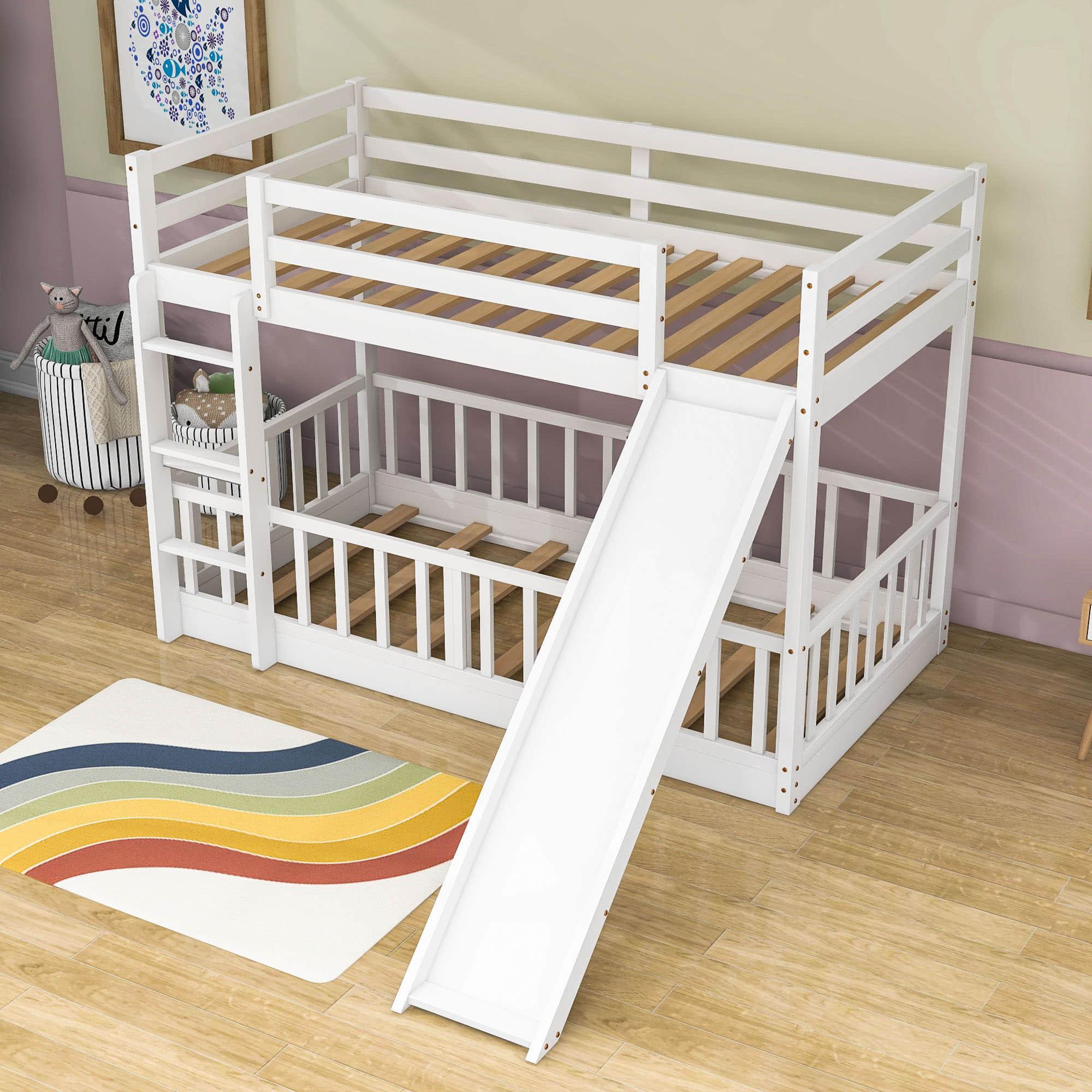 Wooden Twin Over Twin Low Bunk Beds with Slide for Kids, Toddler - [Floor]