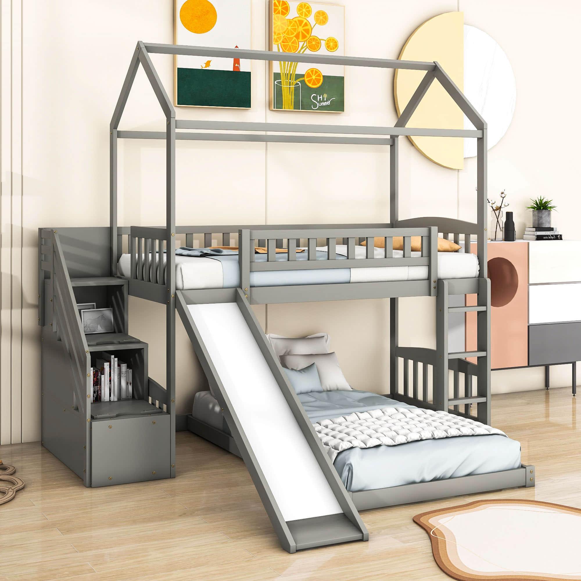 Floor Twin Bunk Beds for Toddlers Kids with Stairs and Slide - [Wood]