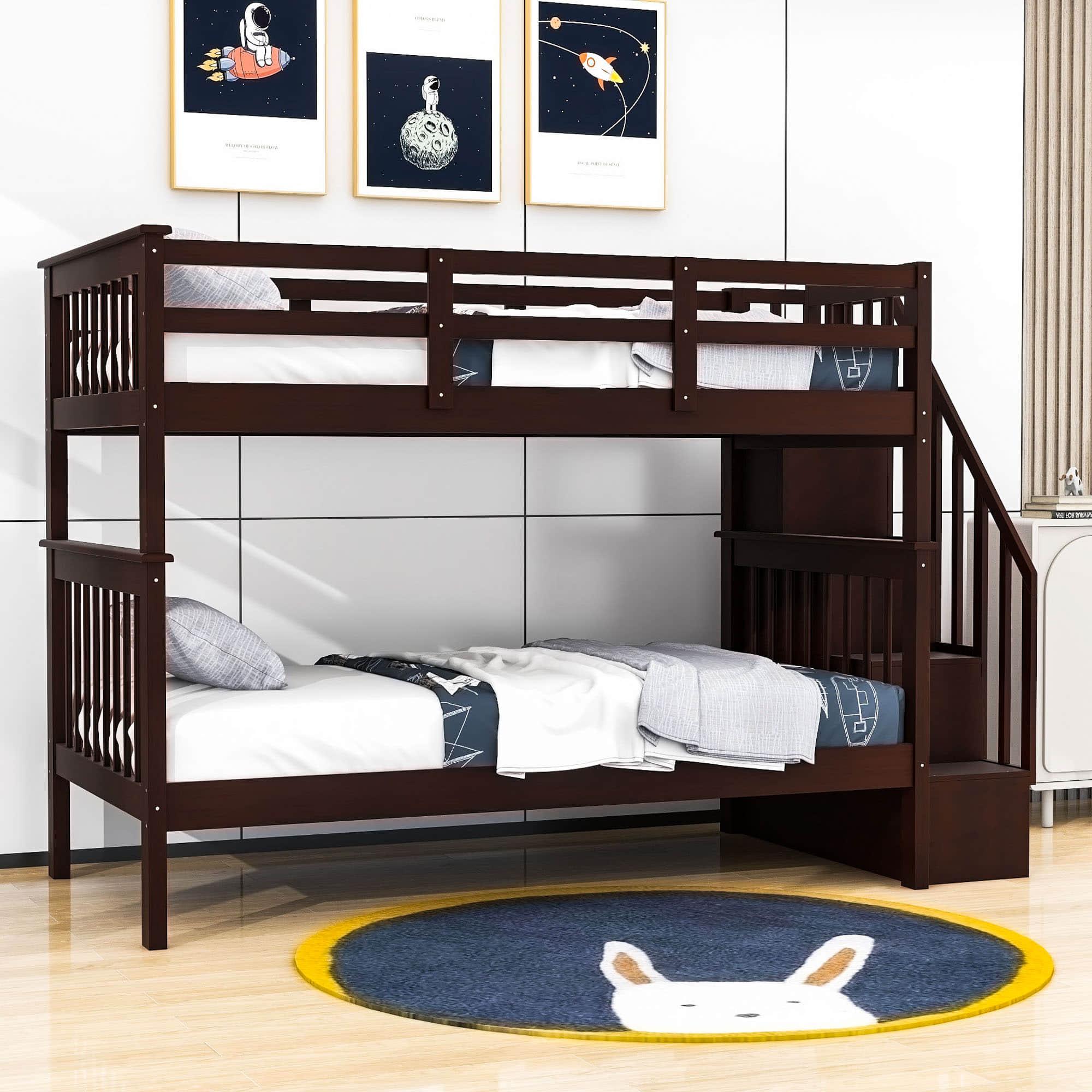 Twin Over Twin Bunk Beds with Stairs and Storage for Kids - [Wood, Convertible]