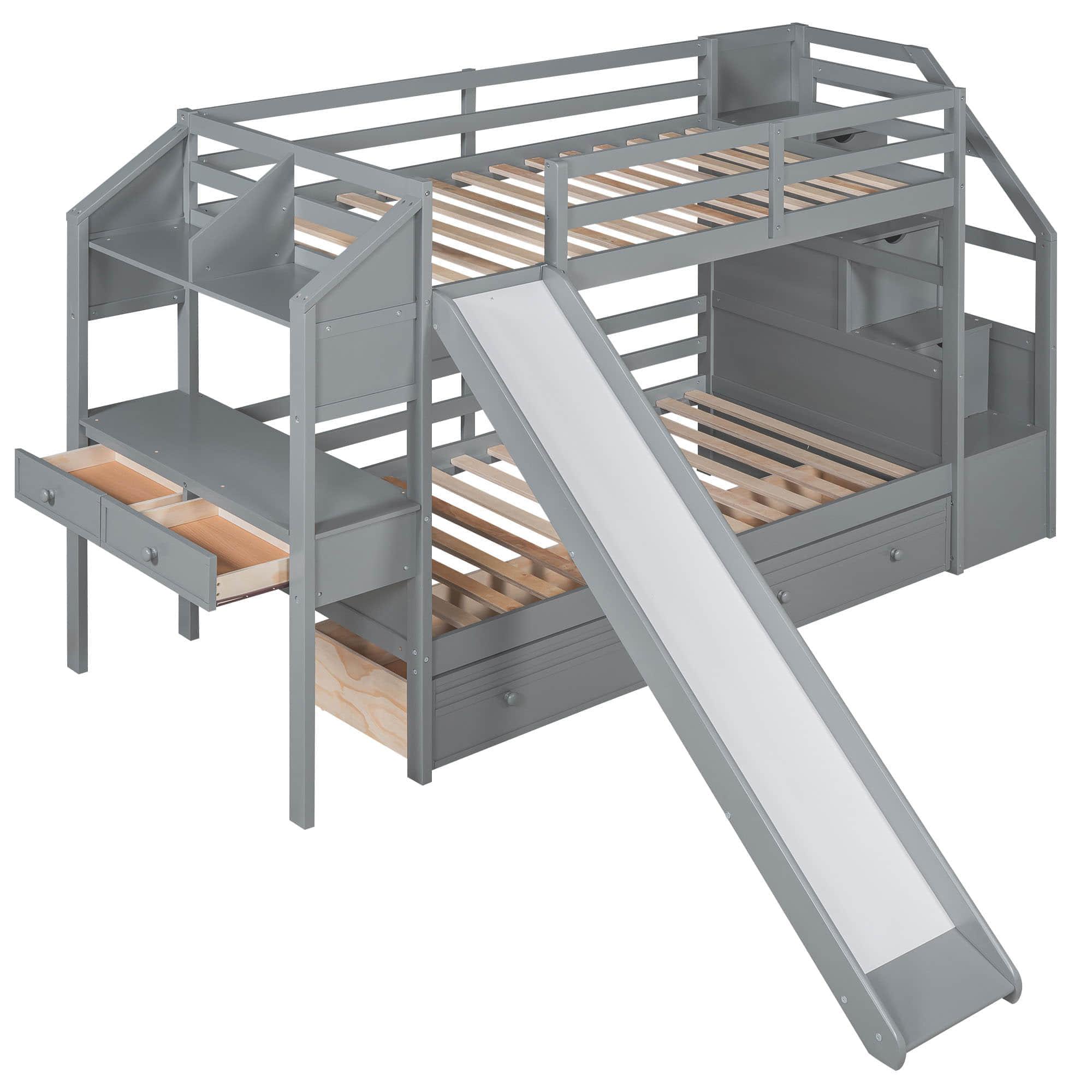 Low Twin Over Twin Bunk Bed with Desk and Stairs, Slide, Storage