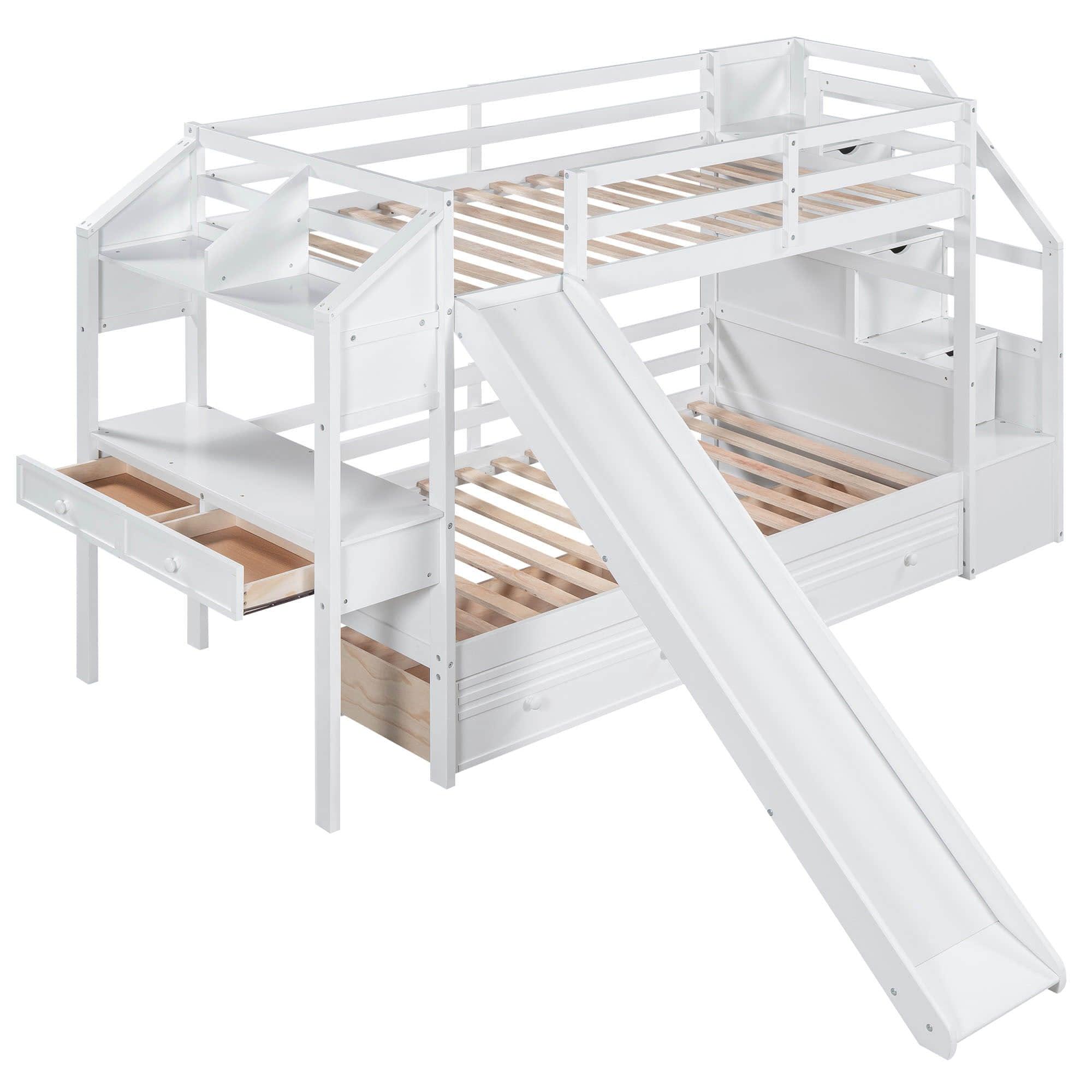 Low Twin Over Twin Bunk Bed with Desk and Stairs, Slide, Storage