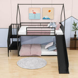 Metal House Twin Loft Bunk Beds for Kids with Stairs and Slide - [Low]