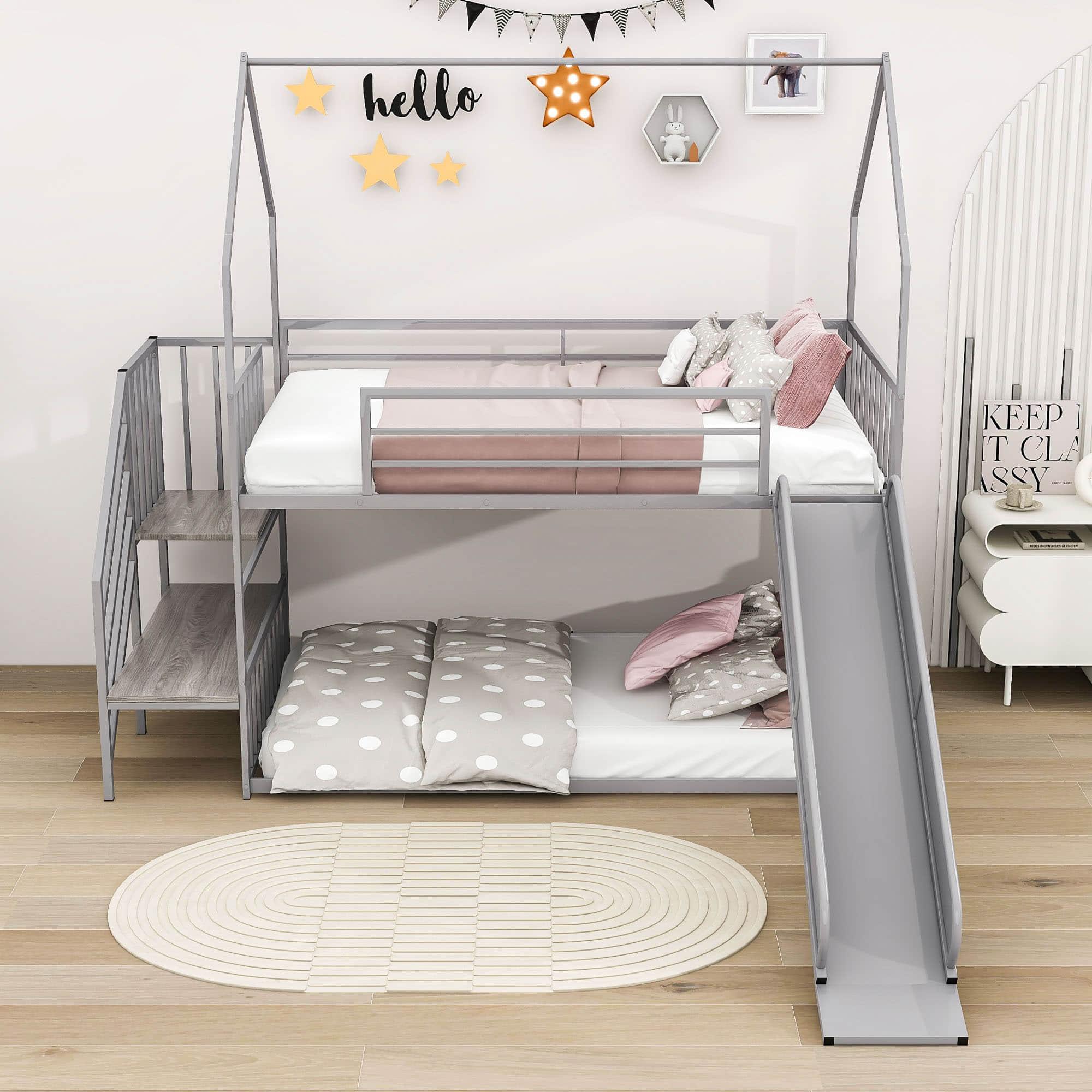 Metal House Twin Loft Bunk Beds for Kids with Stairs and Slide - [Low]