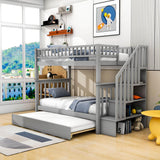 Convertible Twin Over Twin Bunk Bed with Stairs and Storage, Trundle