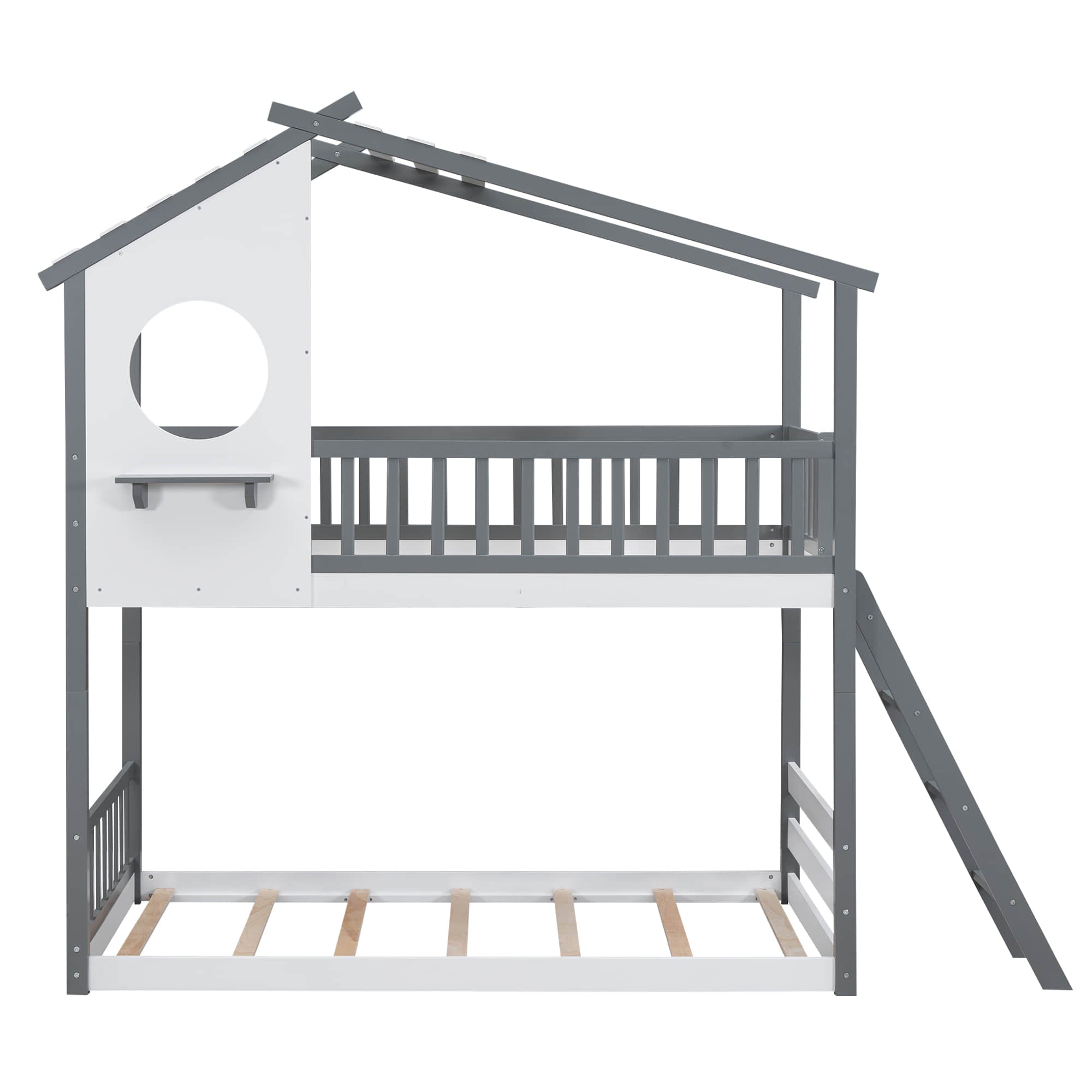 Low to Floor Twin Over Twin House Bunk Beds for Toddler, Kids - [Wood]