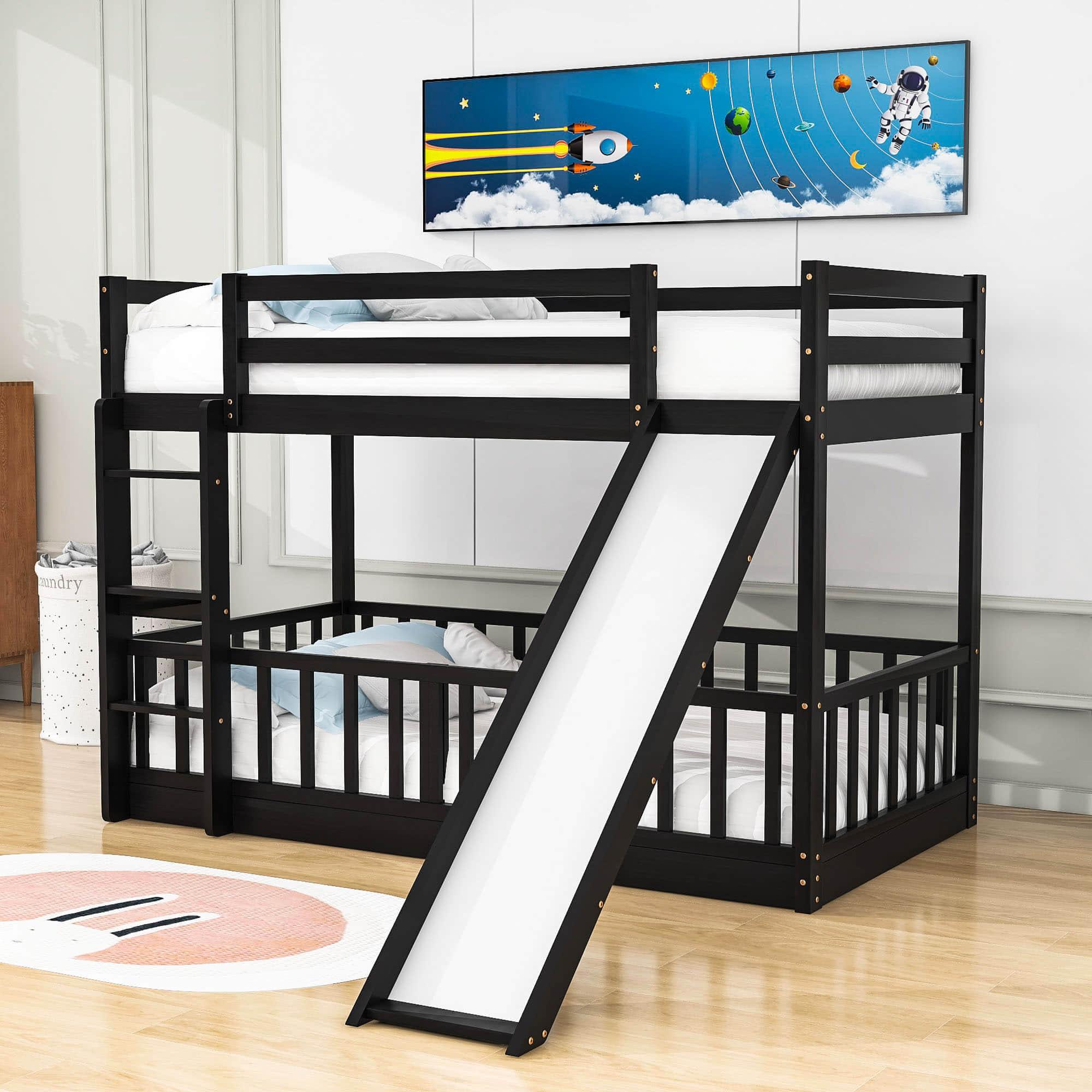 Wooden Twin Over Twin Low Bunk Beds with Slide for Kids, Toddler - [Floor]