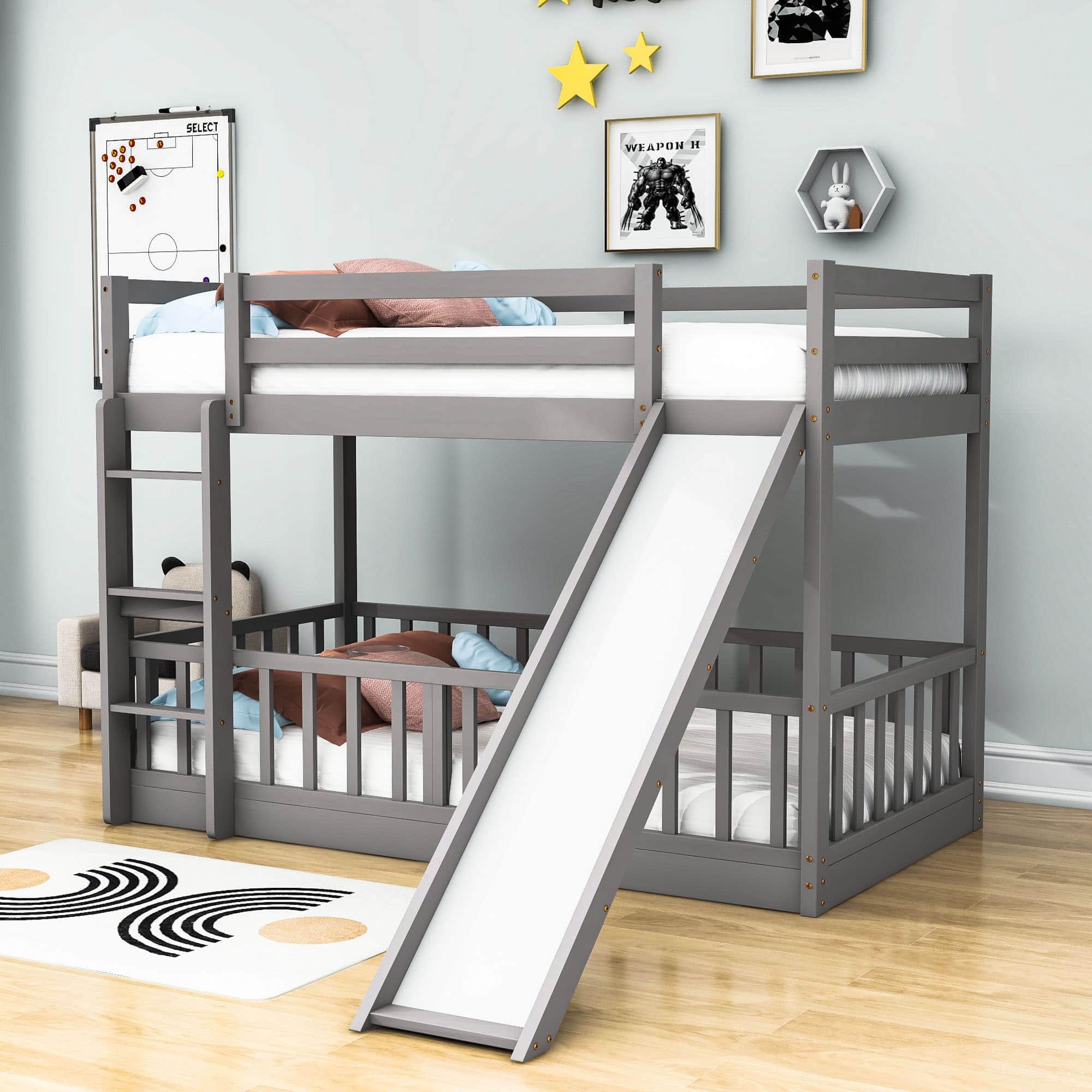 Wooden Twin Over Twin Low Bunk Beds with Slide for Kids, Toddler - [Floor]