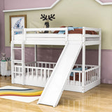 Wooden Twin Over Twin Low Bunk Beds with Slide for Kids, Toddler - [Floor]