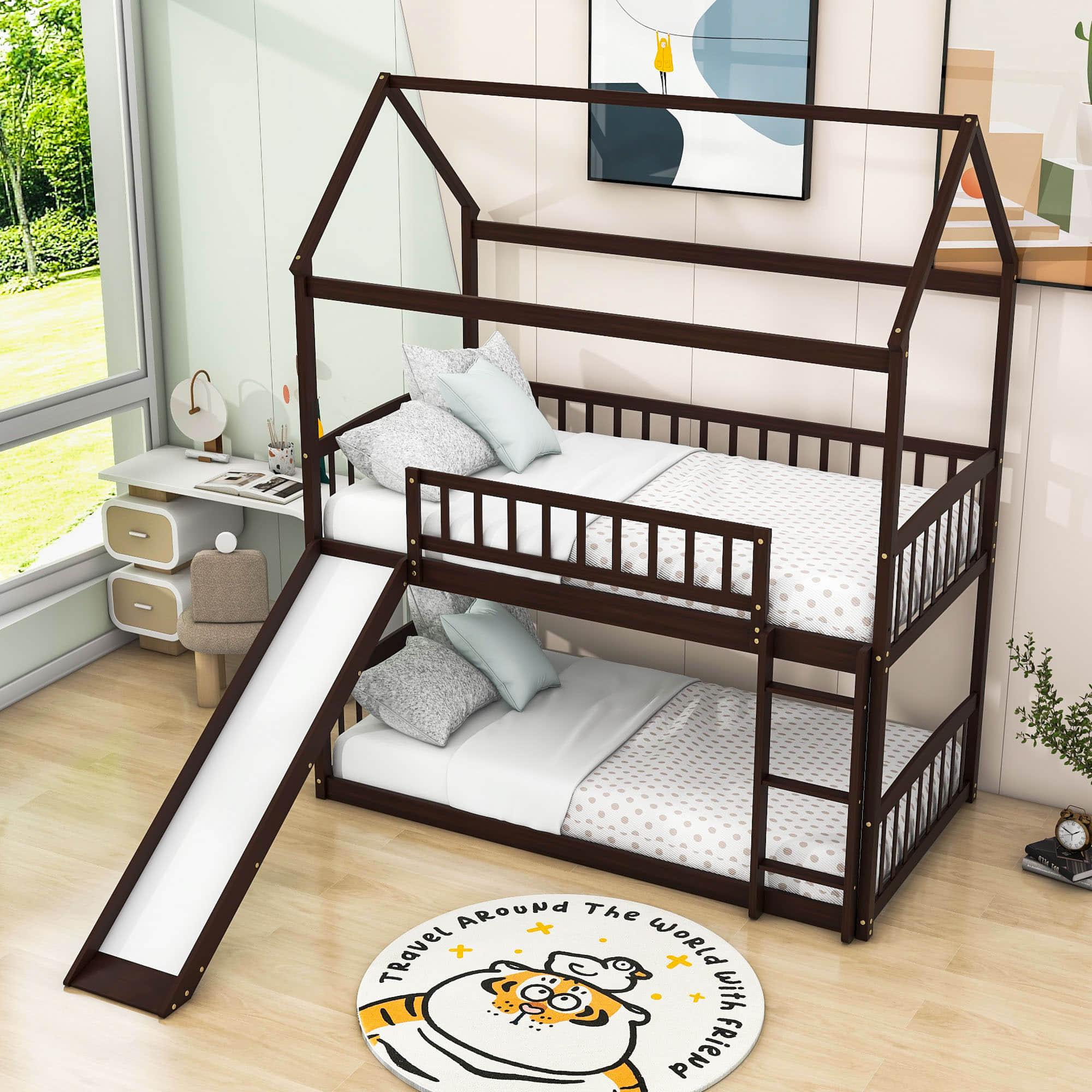 Twin Over Twin Low House Bunk Bed with Slide and Ladder - [Floor, Interchangeable]