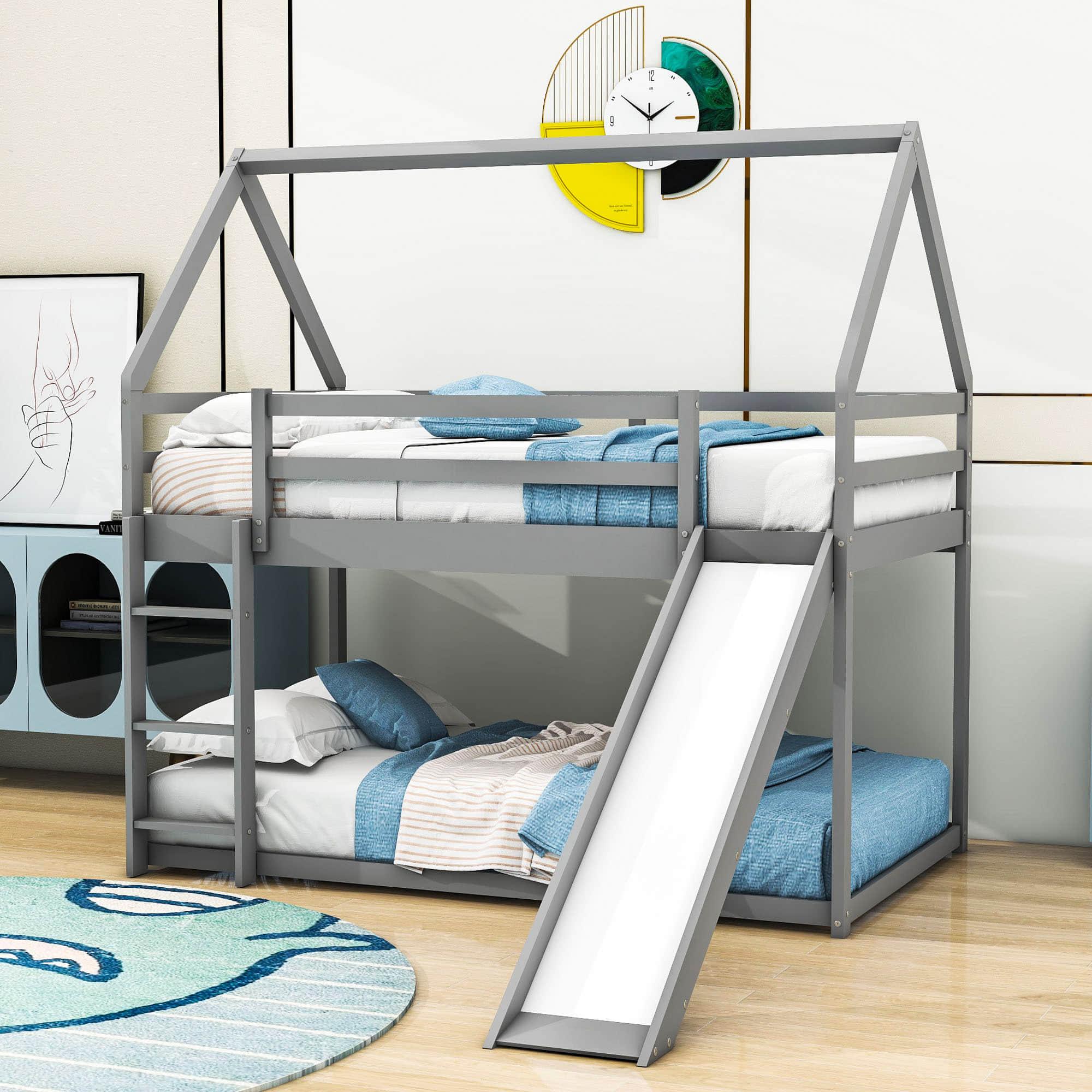 Twin Over Twin House Low Bunk Bed with Slide and Ladder - [Floor, Wood]