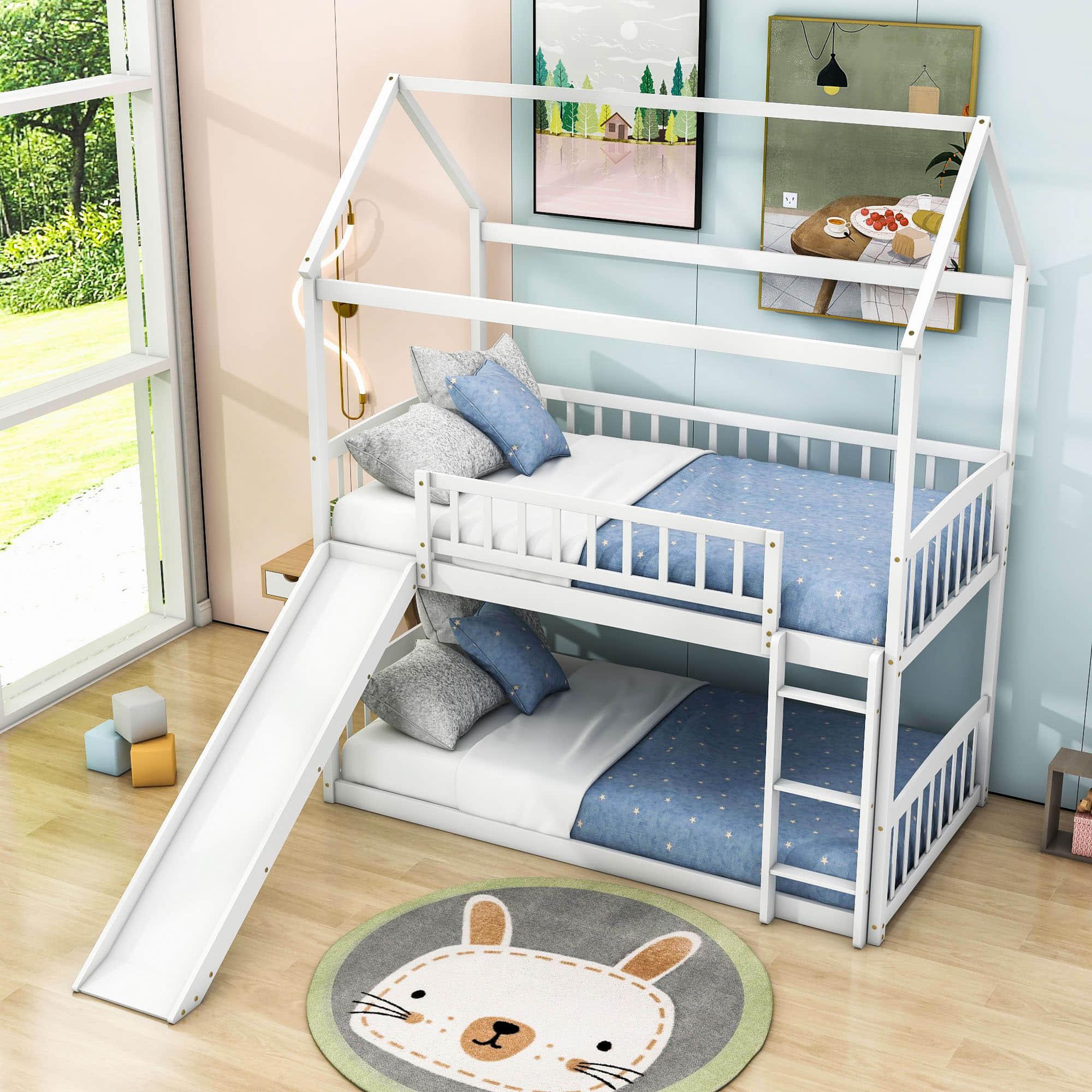 Twin Over Twin Low House Bunk Bed with Slide and Ladder - [Floor, Interchangeable]