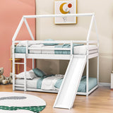 Twin Over Twin House Low Bunk Bed with Slide and Ladder - [Floor, Wood]